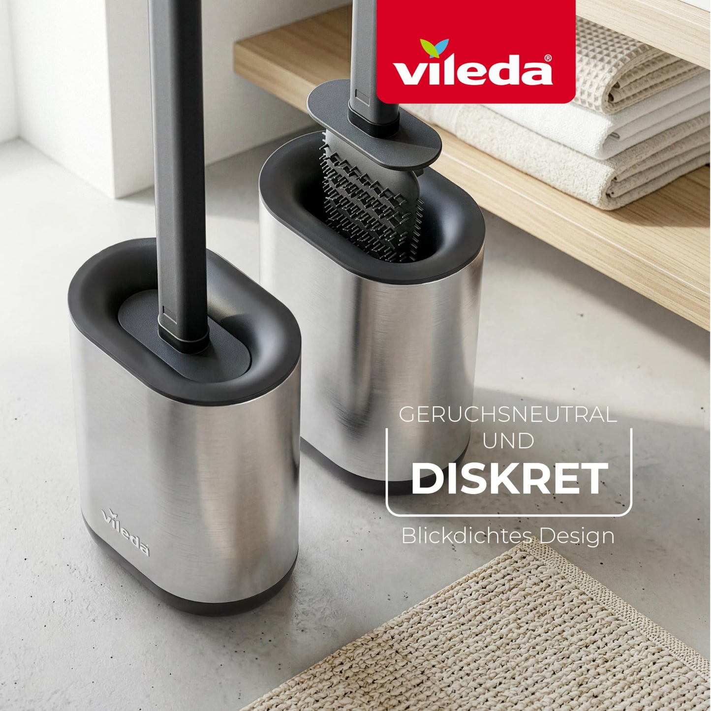 Vileda Silicone Toilet Brush Silver with Flex Head and Stainless Steel Handle - Toilet Brush with 2-in-1 Cleaning Zones