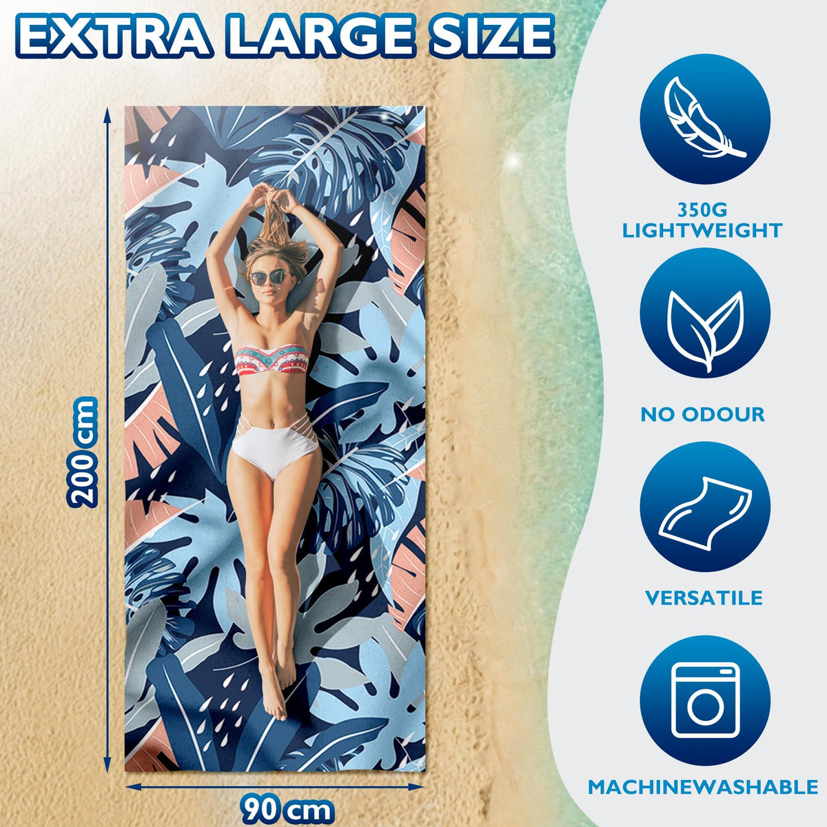 Beach Towels For Adults Extra Large - 2 Pack 200x90cm Lightweight microfibre beach towel with Mesh Bags