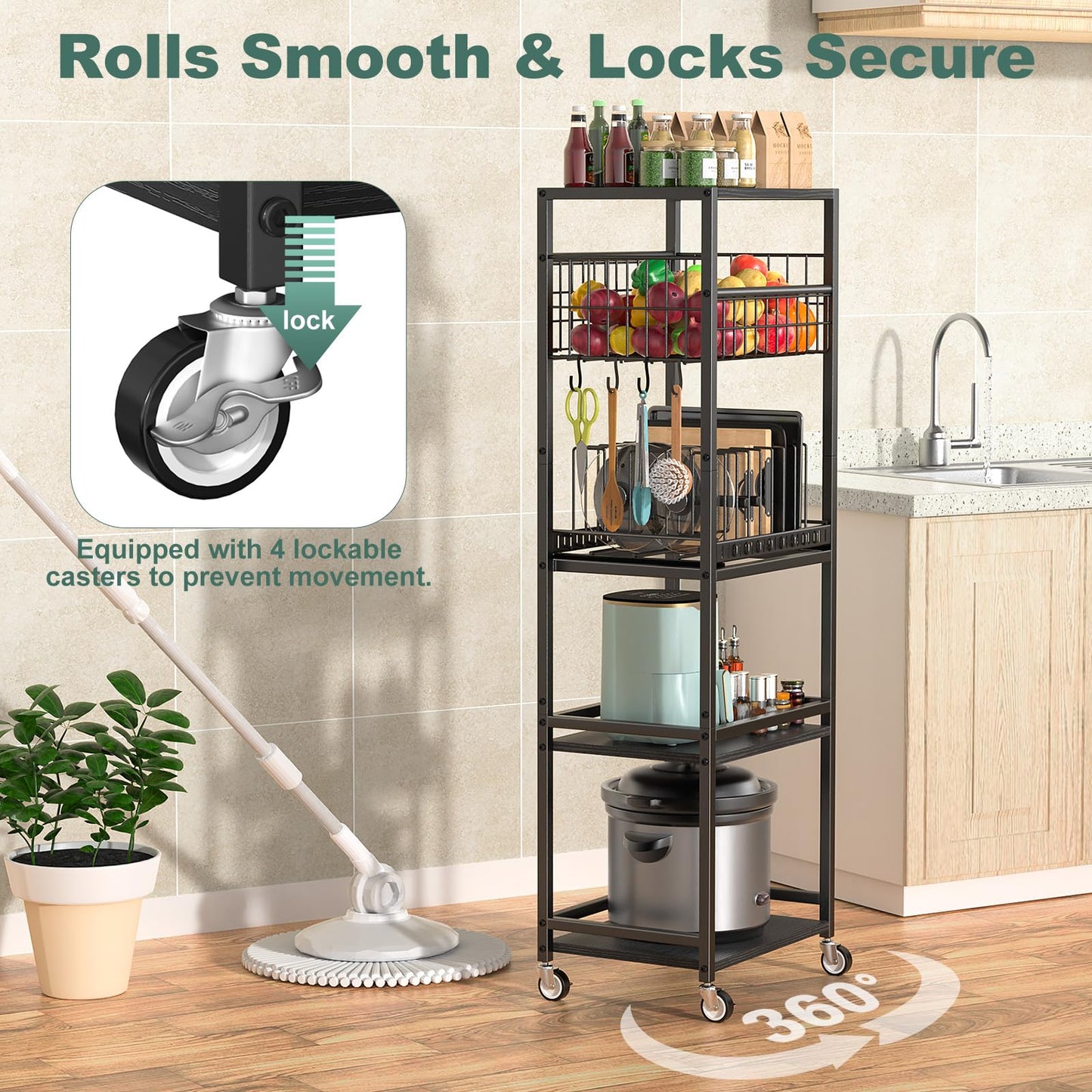 Housolution 5 Tier Kitchen Storage Cart with Fruit Basket Pot Lid Organizer