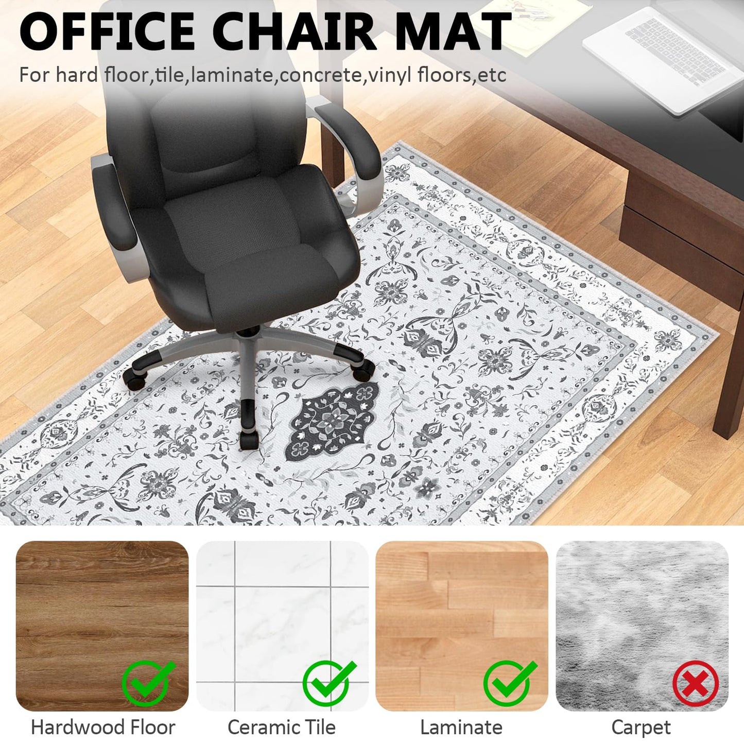 Office Chair Mat for Hardwood Floor: 36x48 Inch Low Pile Desk Chair Mat for Rolling Chair - Non Slip Dirt Resistant & Machine Washable