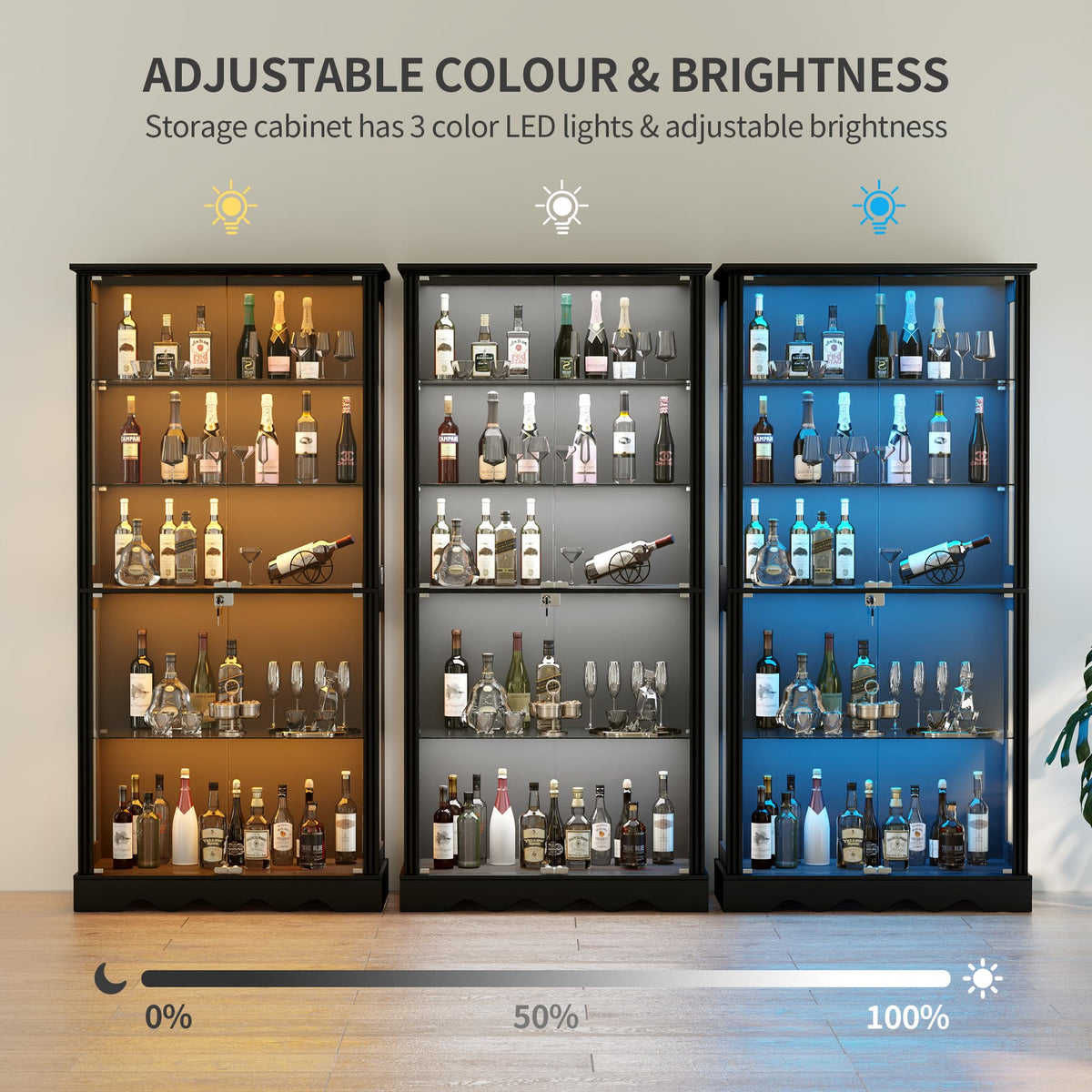 180cm Glass Display Cabinets with 3 Color Lights for Collectibles Bookcases