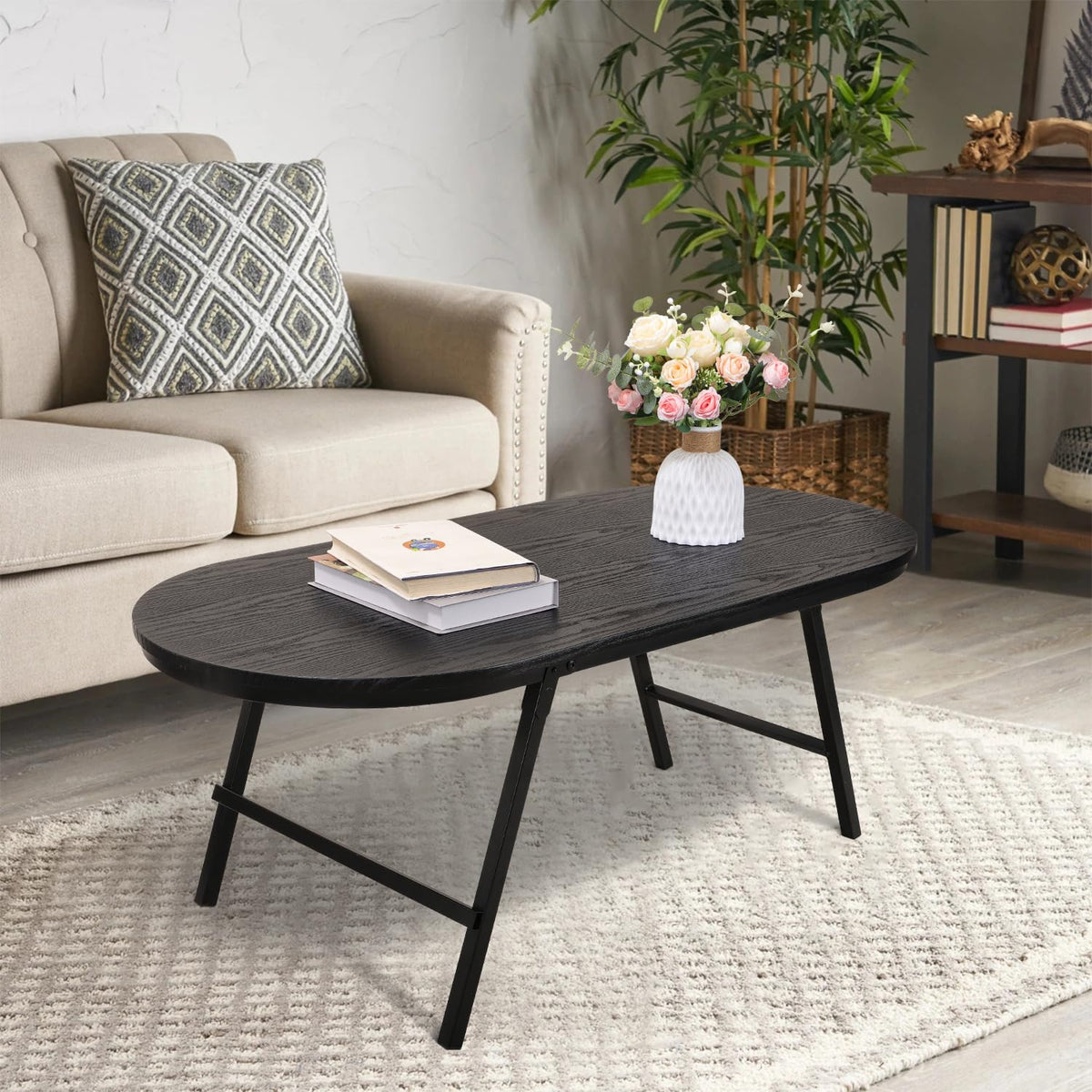 FEUFOAM Black Small Coffee Table Wooden Oval Folding Low Coffee Tables with Metal Legs Portable Floor Table Desk for Living Room Small Spaces