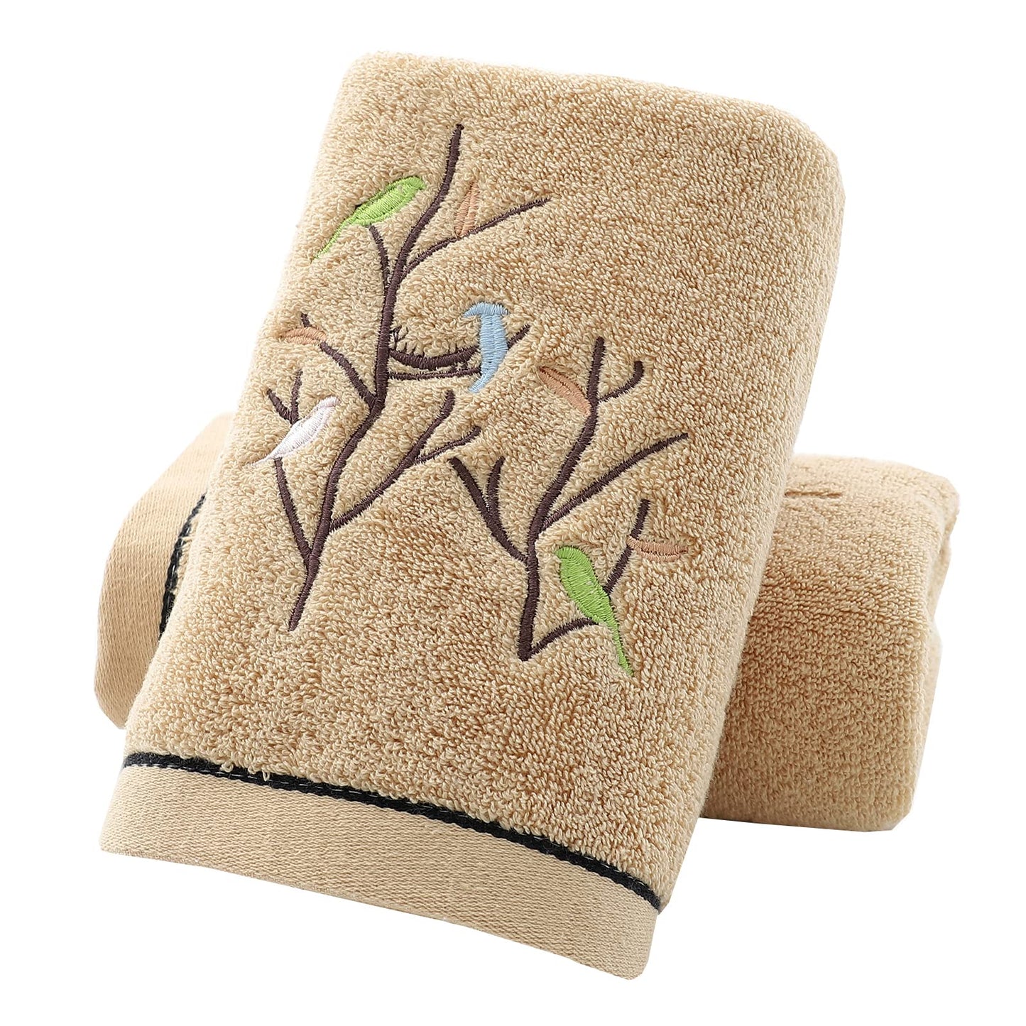 Pidada Hand Towels Set of 2 Embroidered Bird Tree Pattern 100% Cotton Absorbent Soft Decorative Towel for Bathroom 35 x 75 cm (Brown)