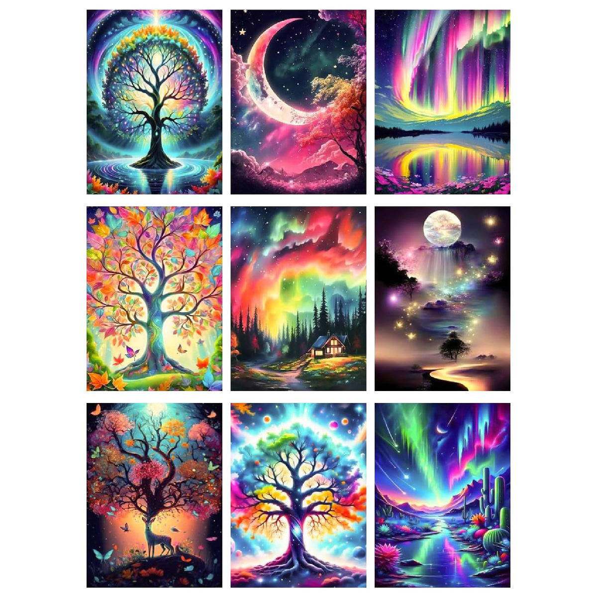 GJSZZO 9 Pack Diamond Painting Kits for Adults, Nature Landscape Diamond Art Kits for Beginners, 5D DIY Full Drill Tree of Life Aurora Moon Gem Arts