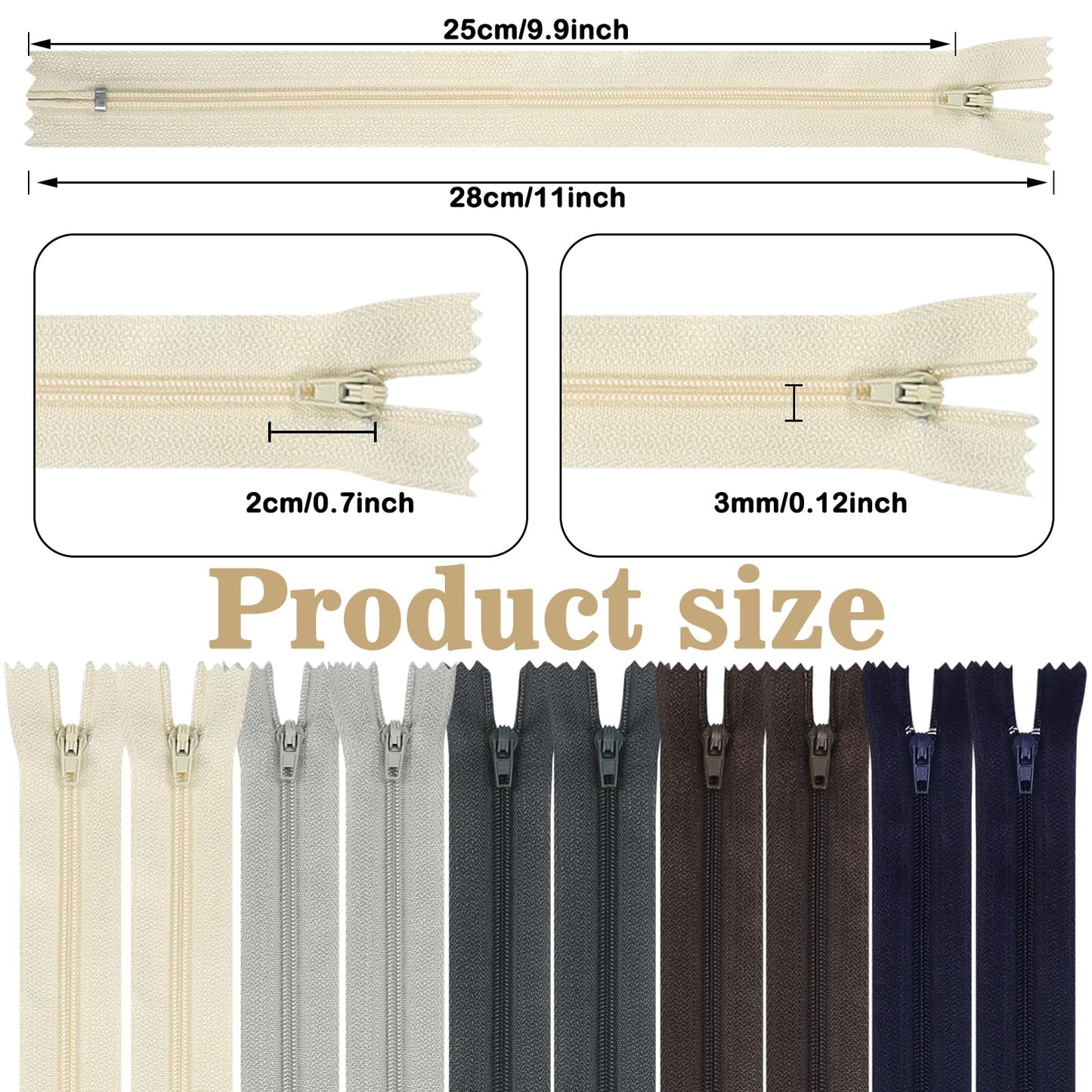 DOITEM Zip Nylon Zips, 25 cm Long, 2.5 cm Wide for Clothing, Bag, Pencil Case, Cushion Cover, Pack of 10, 5 Colours (5 Colors, 20cm)