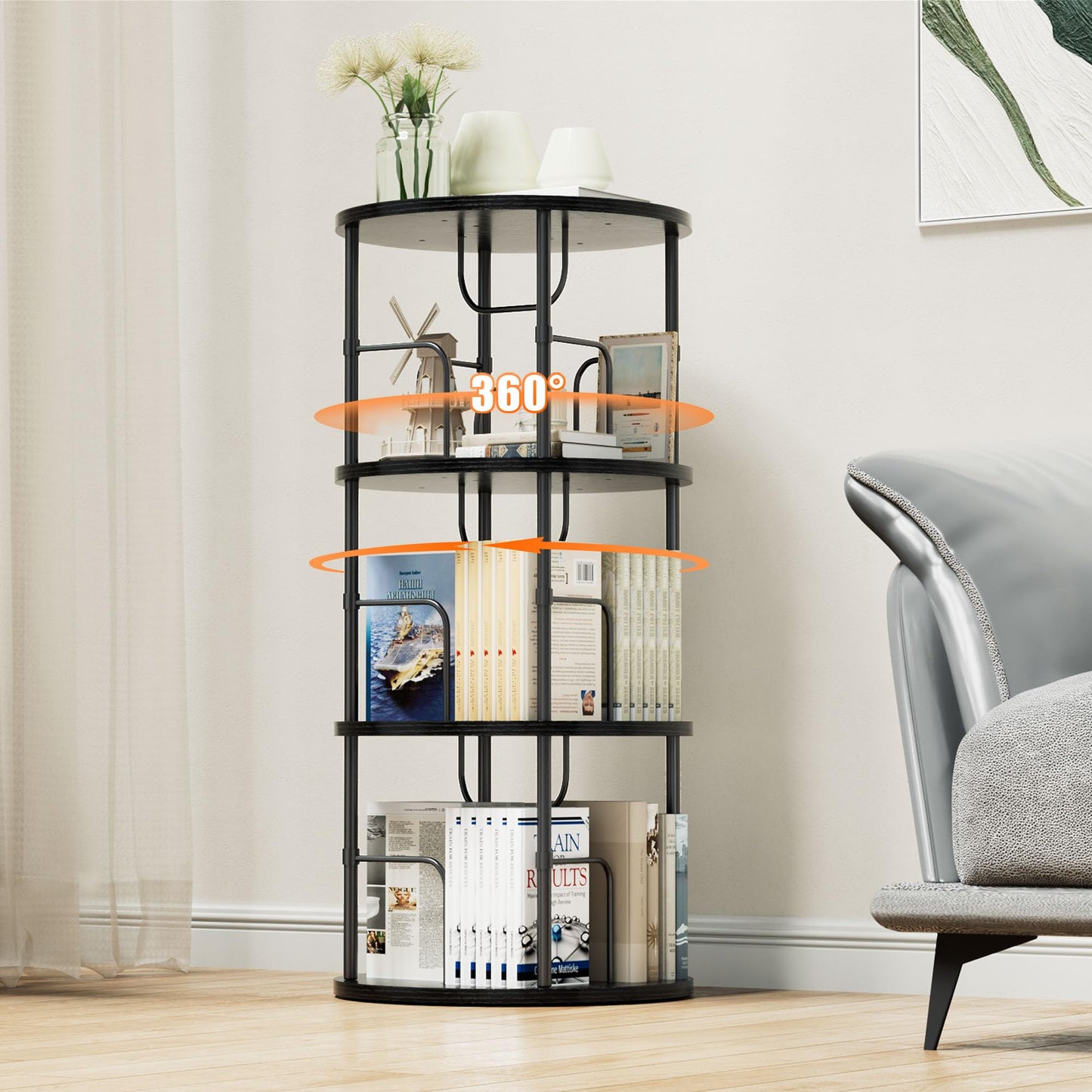 OCTORO 3 Tier Rotating Bookshelf, 360° Corner Bookshelf Tower, Round Revolving Bookcase with Adjustable Levels, Spinning Book Shelf for Home Office