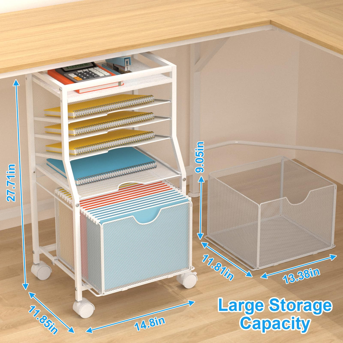 BOHDK Rolling File Cart, 6-Tier Under Desk Organiser on Lockable Wheels, Black Wood Planks & Mesh File Cart with Sliding Drawer and Paper Trays for