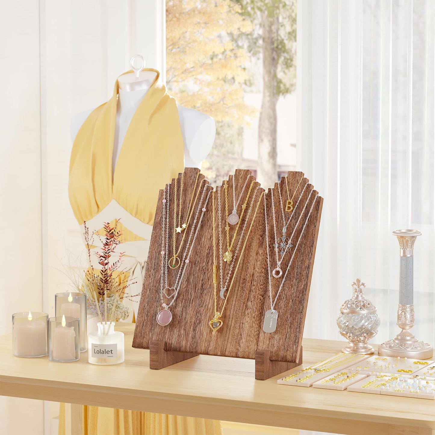 Lolalet Wooden Necklace Display Stands for Selling -2 Pack, Oak