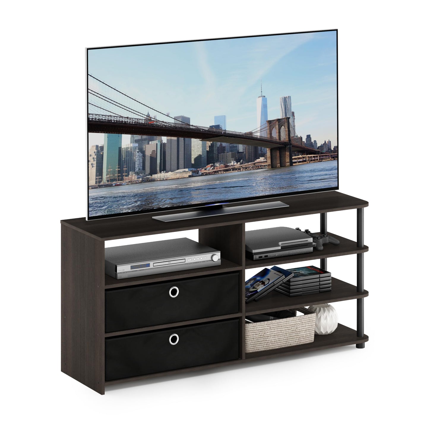 Furinno Jaya TV Stand for TV up to 55-Inch with Storage Bins & Cable Management Hole, 4-Tier Black Entertainment Center, TV Console, for Living Room
