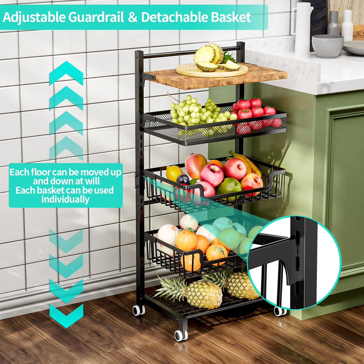 HapiRm Fruit Basket Kitchen Cart - 5 Tier Adjustable Vegetable Storage Rack