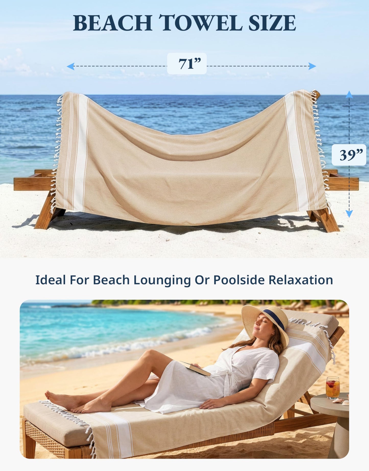 LANE LINEN Oversized Beach Towels – 4 Pack, 39"x71" Cotton Rich & Quick Dry Travel Towels for Adults, Lightweight & Pre-Washed for Soft Feel, Beige