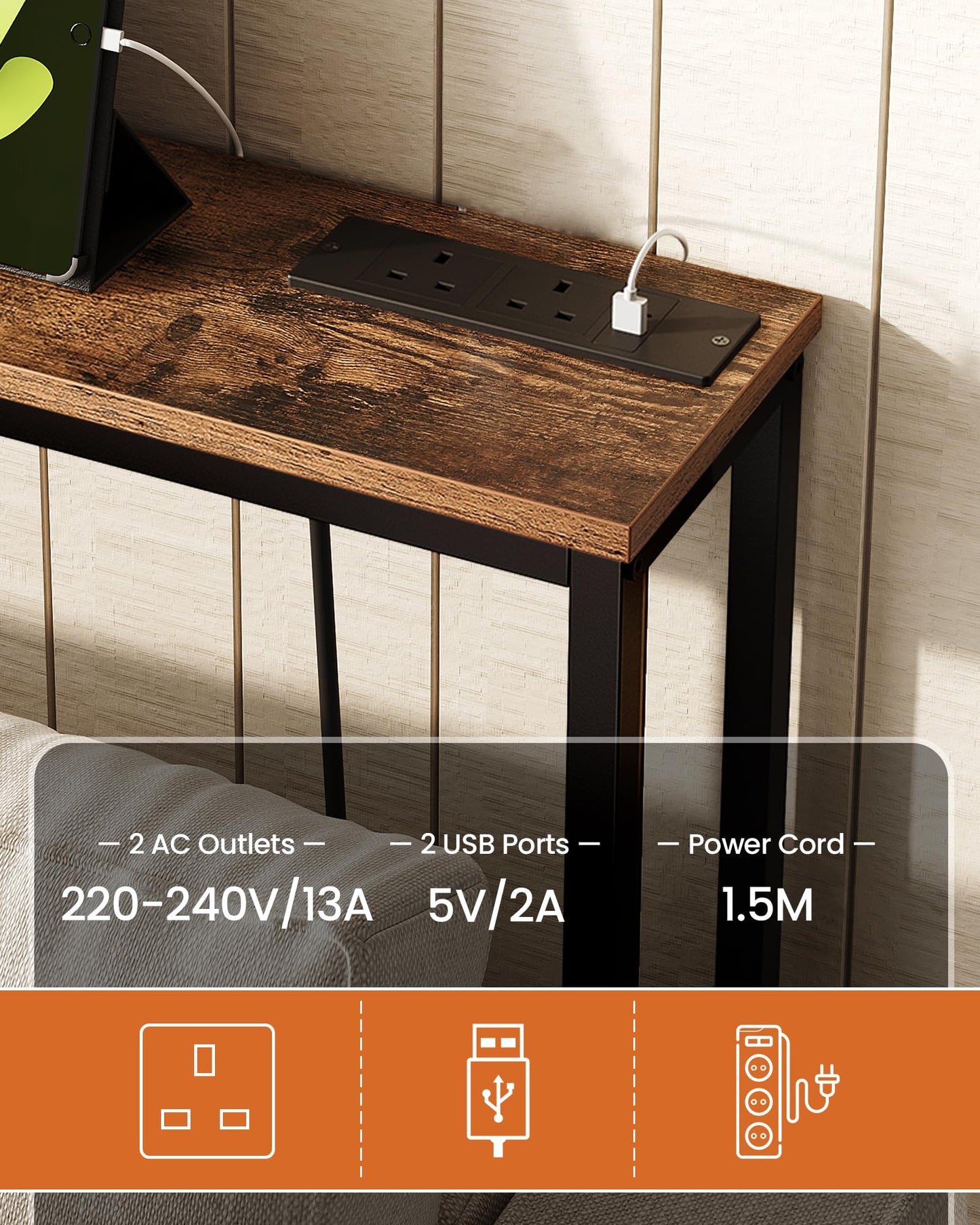 CHOEZON 200 cm Narrow Console Table with Power Outlet, 18 cm Skinny Sofa Table, Long Behind Couch Table with Charging Station, for Entryway, Hallway