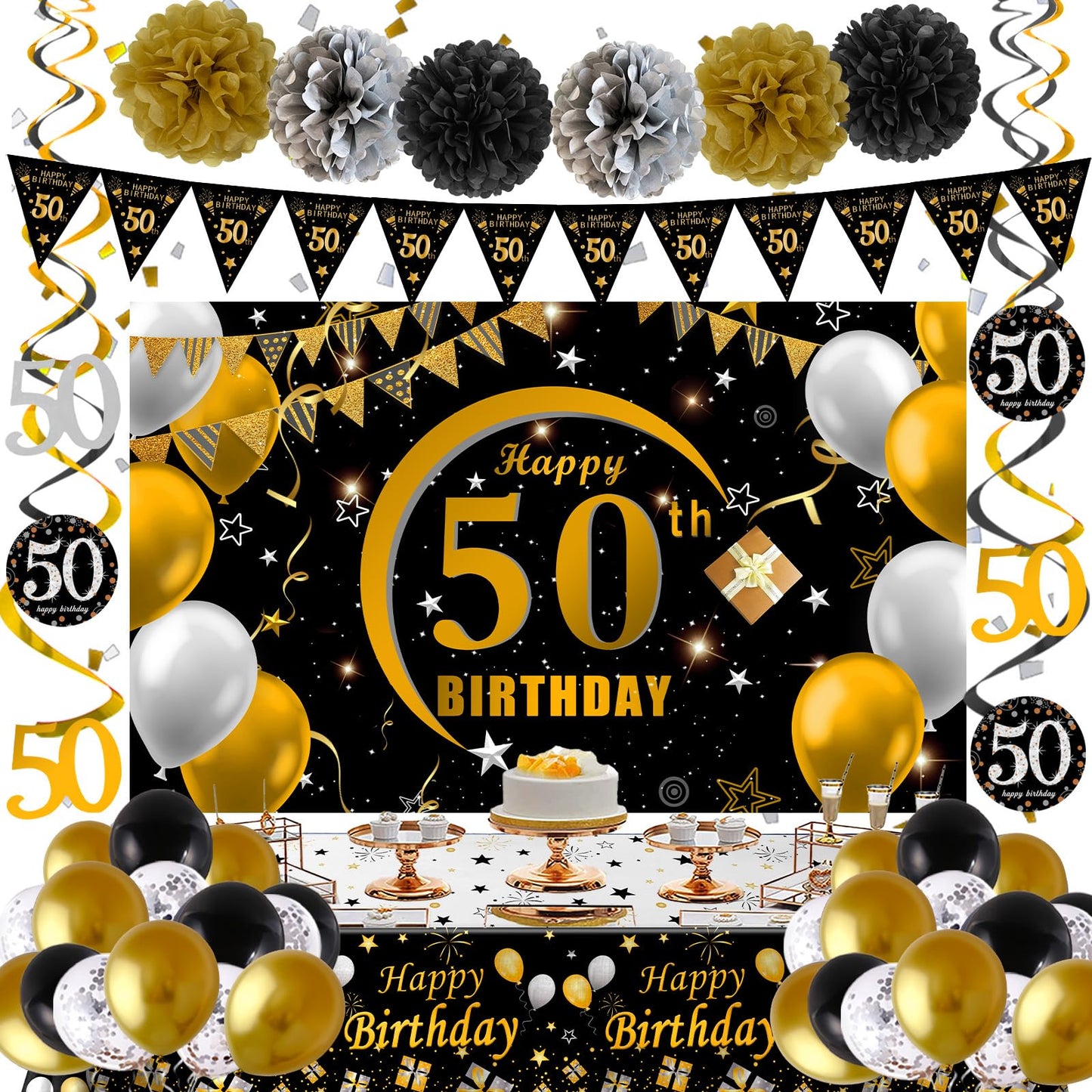 50th Birthday Decorations for Men Women, 50th Birthday Banner Backdrop Balloons Black and Gold, Happy 50 Bday Decorations Banners Tablecover Triangle