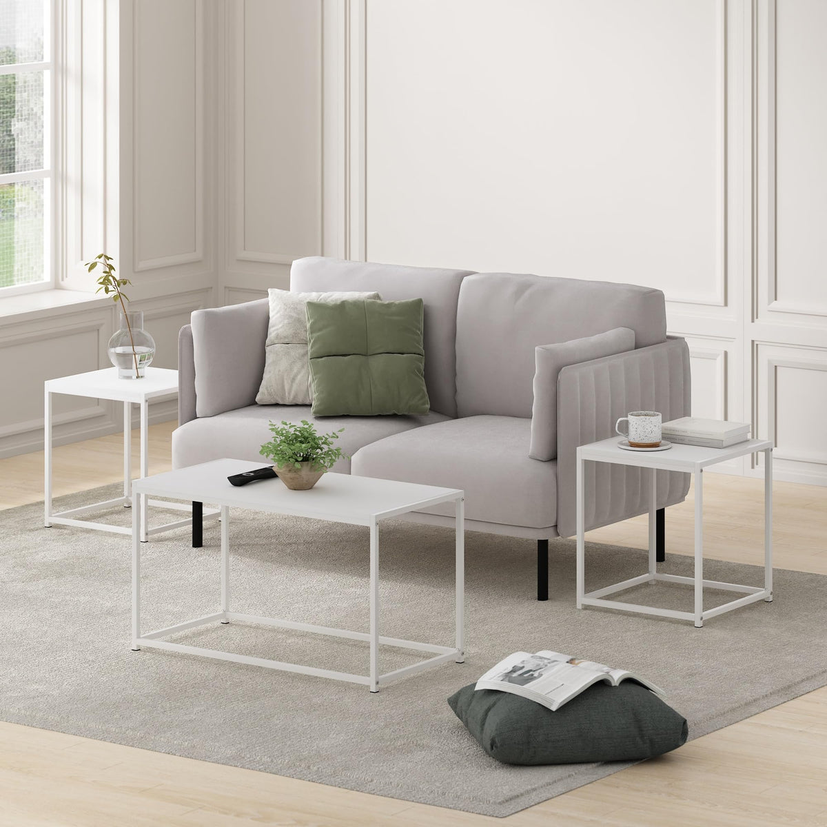 Furinno Camnus Modern Living Room Table Set with One Coffee Table and Two End Tables, Solid White/White