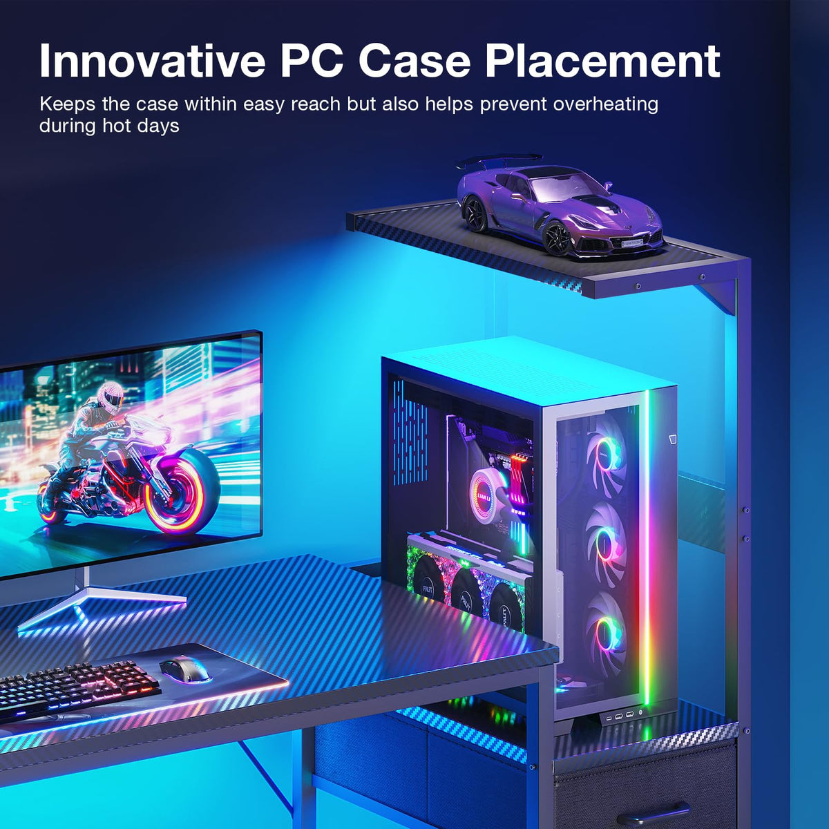Coleshome 138×48 cm Gaming Desk with LED Lights, Carbon Fiber Black
