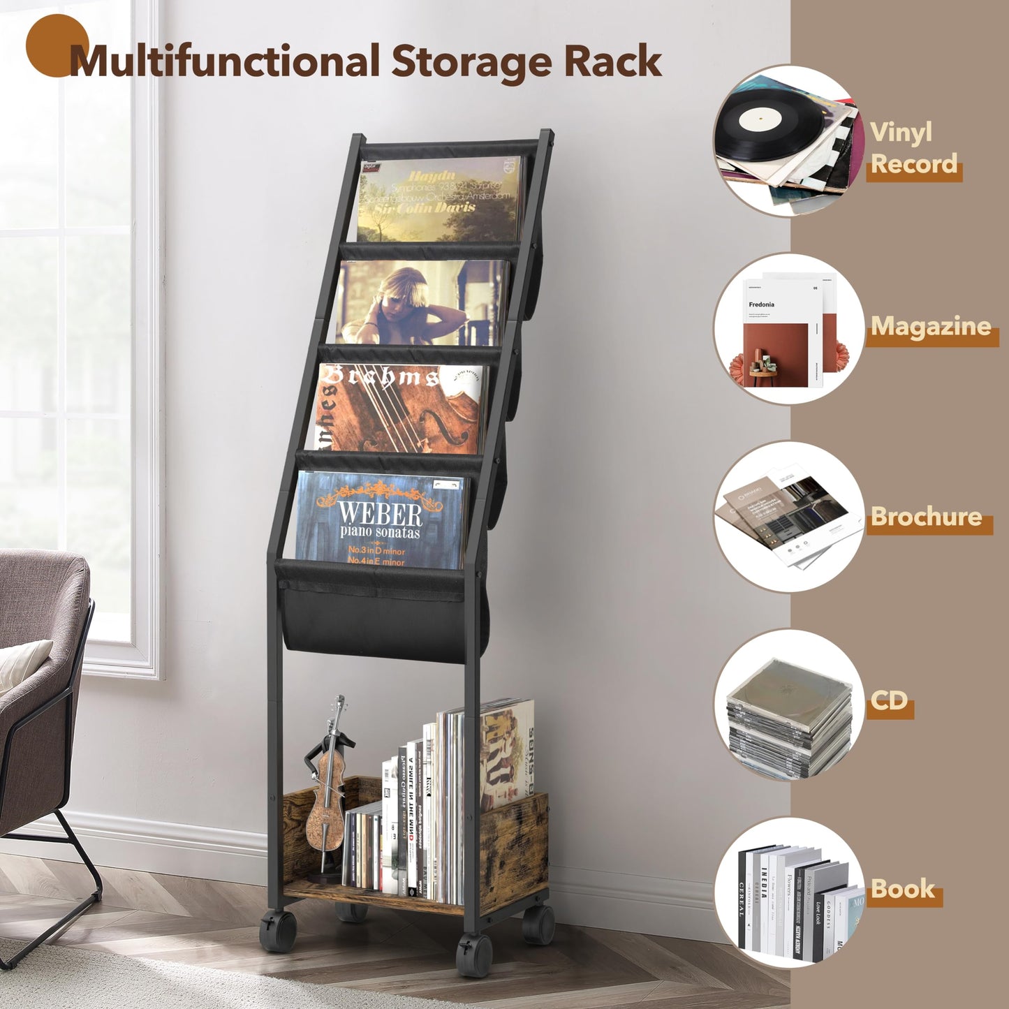 Bikoney Movable 4-Tier Vinyl Record Storage Cabinet with Display Shelf
