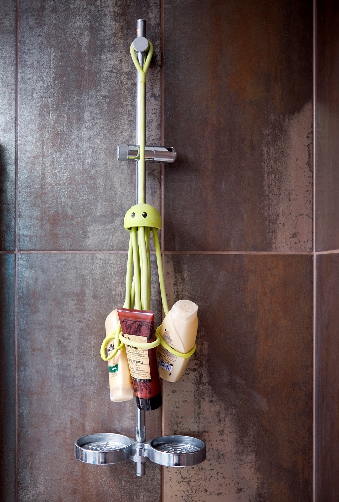Formverket Octopus shampoo holder, shower gel holder, approx. 33 cm long, for hanging with 9 adjustable loops, latex, green