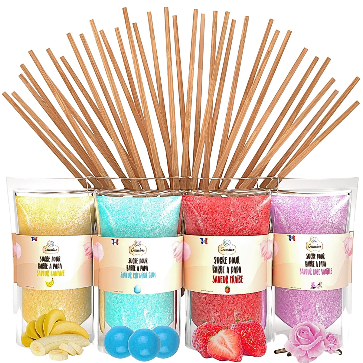 GREENDOSO? Sugar For Candy Floss Machine (4x320g) - Pack of 4 Flavours (Strawberry-Bubble Gum-Banana-Vanilla) - 50 Sticks