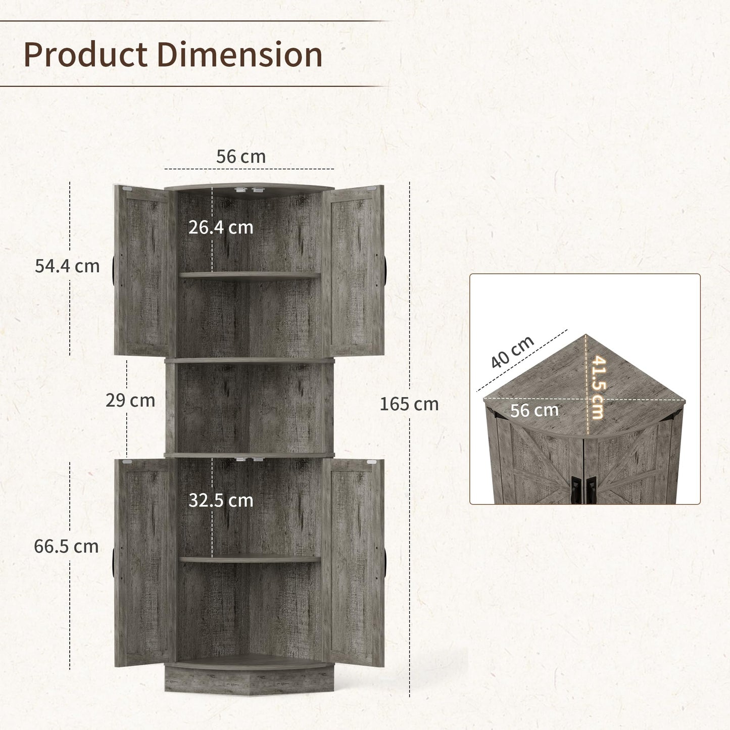 BonVache 165cm Tall Corner Storage Cabinet with Barn Doors, 5-Tier Farmhouse Corner Cabinet for Living Room, 4 Wooden Doors and 5 Shelves