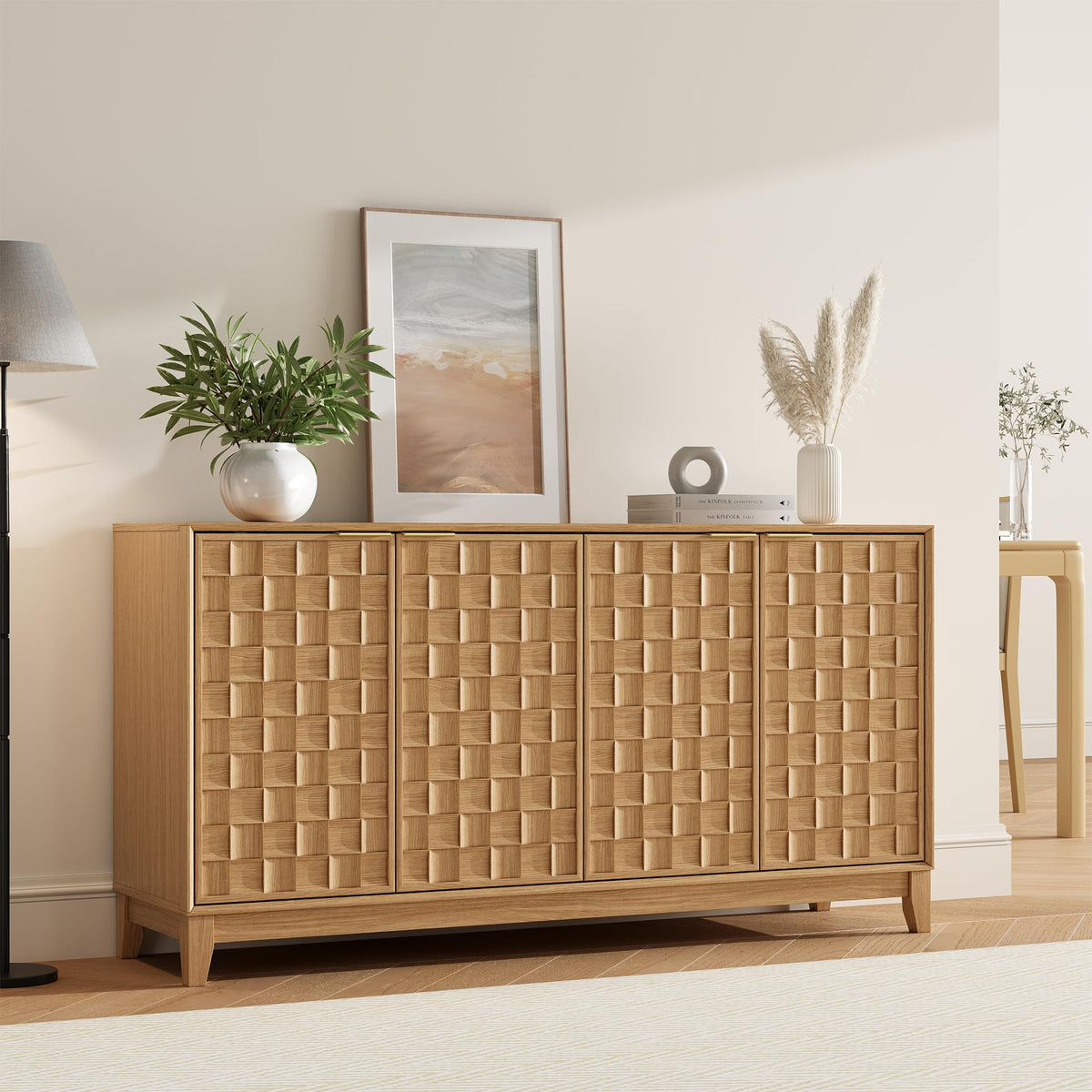 COLAMY Sideboard Cabinet, Wooden Sideboard Cabinet with 4 Doors, Textured Design, Adjustable Shelves, Soft Close Hinges