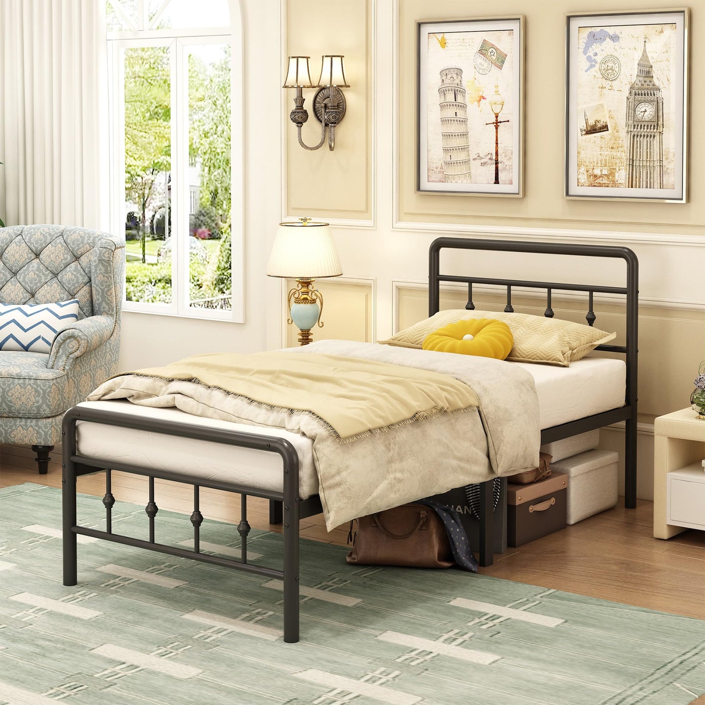 EMODA 3ft Single Bed Frame with Victorian Headboard and Footboard, Single Metal Bed Frame Heavy Duty Strong Slats, Ample Storage Space, Noise Free,