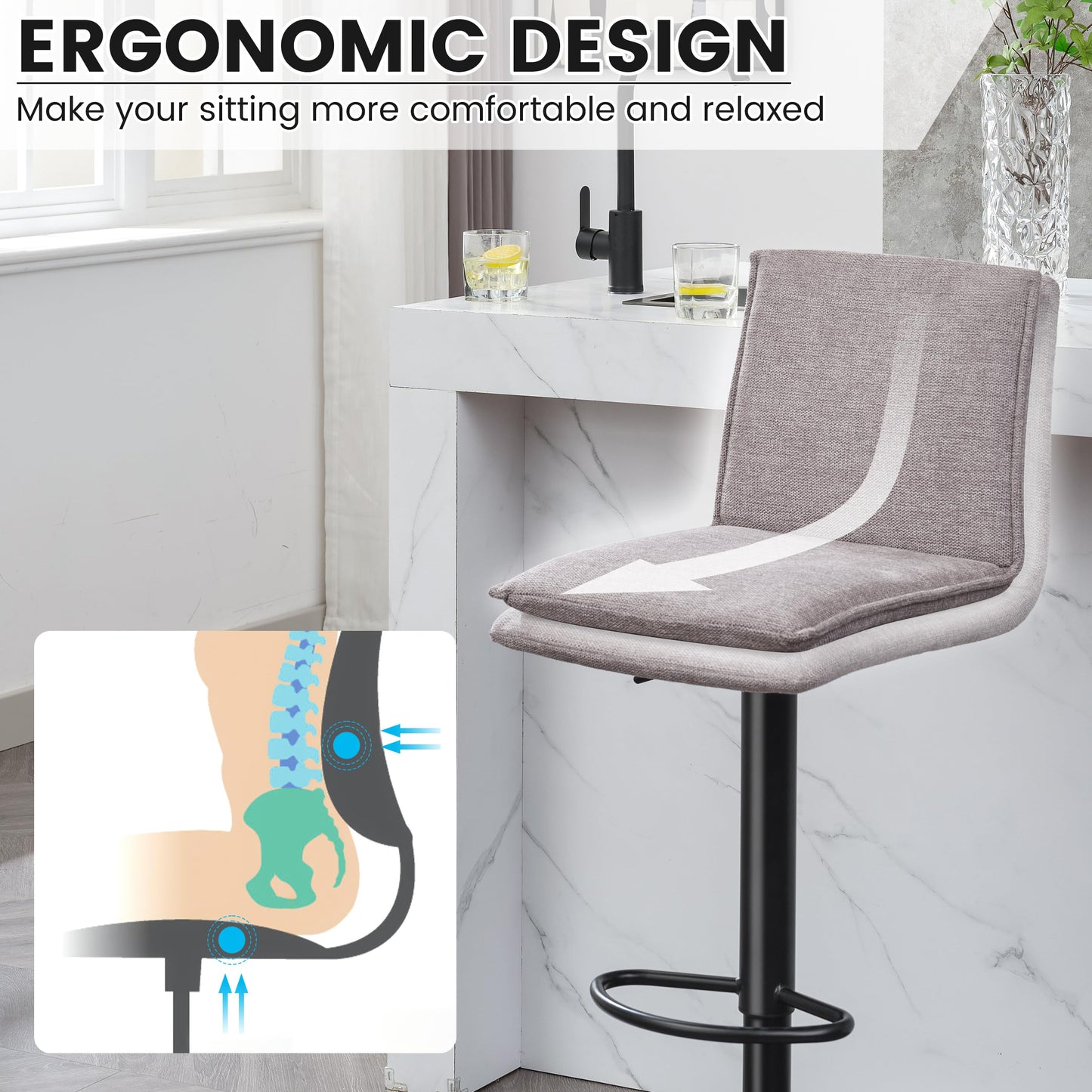 LXRADEO Bar Stools Set of 2 Adjustable Swivel Counter Height Breakfast Barstools with Backrest - Breathable Linen Fabric & Soft Cushioned Seat