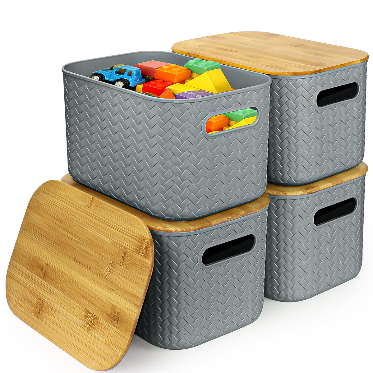 XJGQZ Plastic Storage Boxes with Wooden Lids, 4-Pack Stackable Organisers