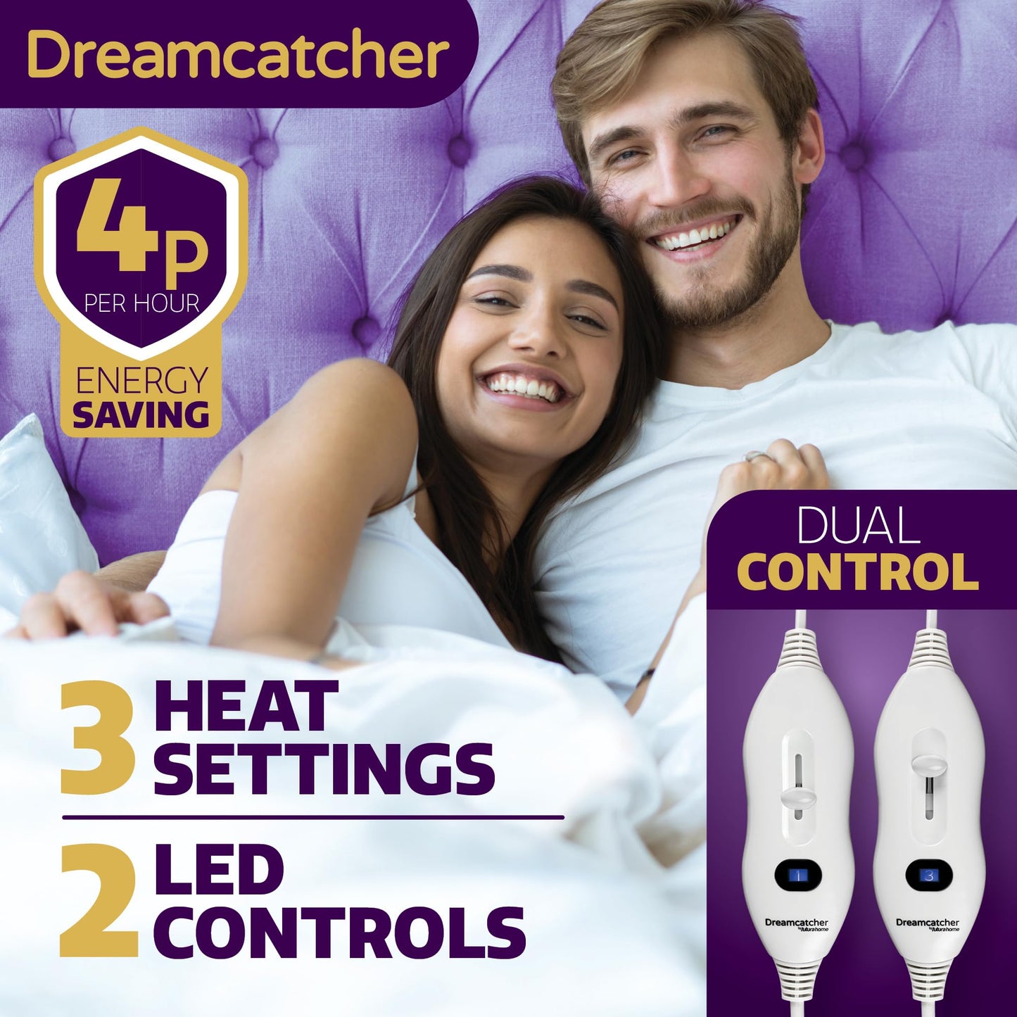 Dreamcatcher Double Electric Blanket 193 x 137cm, Soft Polyester Electric Blanket Fitted Underblanket Mattress Cover, 3x Heat Settings, 2x Controllers