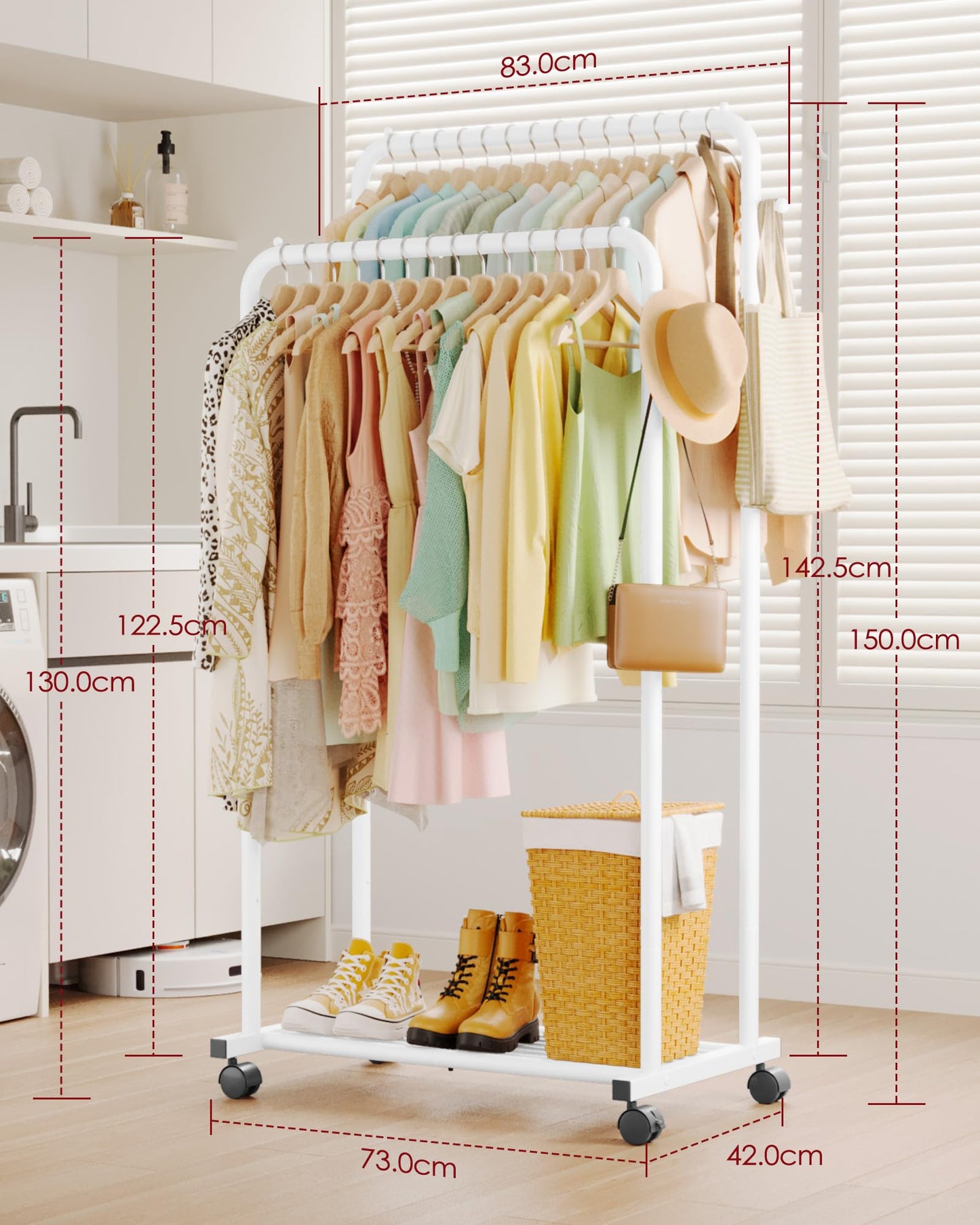 Sakugi Double Rod Clothing Rack Shoe Shelf & Hooks, 73x42x150cm, White