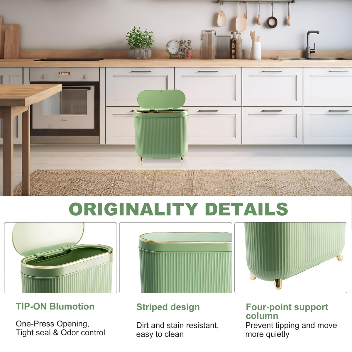 SULIFEEL Bathroom Trash Can with Lid, 3.2 Gallon/12L Green