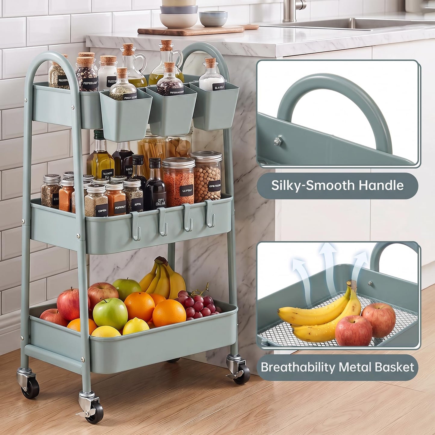 danpinera 3-Tier storage trolley, Metal storage cart with Lockable Wheels & Hanging Cups & Hooks, storage trolley on wheels for bathroom, kitchen