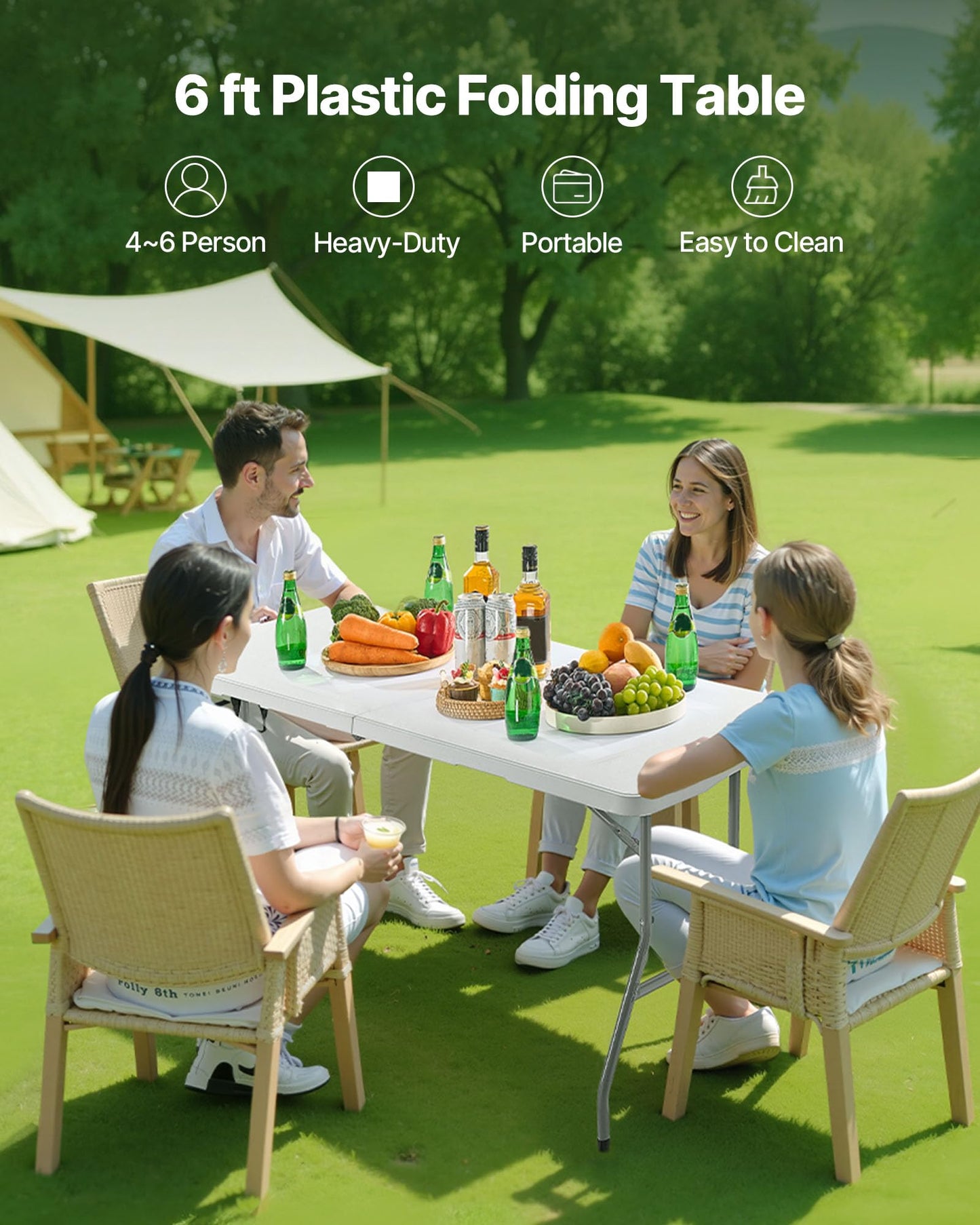 VEVOR Folding Table, 6 Ft Heavy Duty Portable Fold-in-Half Utility Table, Indoor Outdoor Plastic Rectangle Table with Built in Handle, for Party