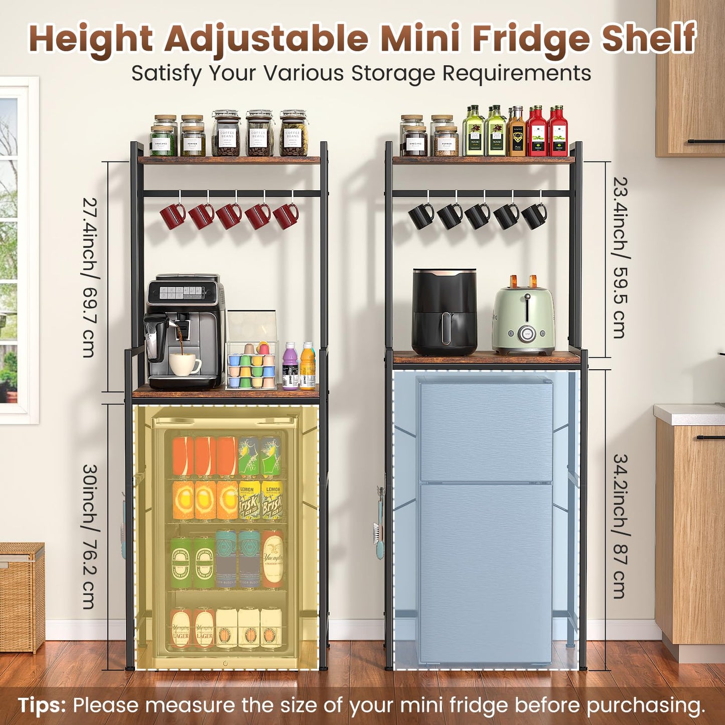 Housolution 2-Tier Mini Fridge Stand with Storage, Black+Brown