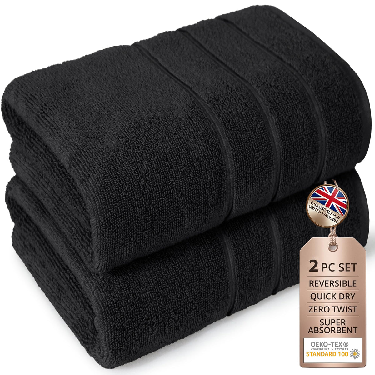 Large Bath Towels Set of 2 I 100% Cotton I Bathroom Towels I Black