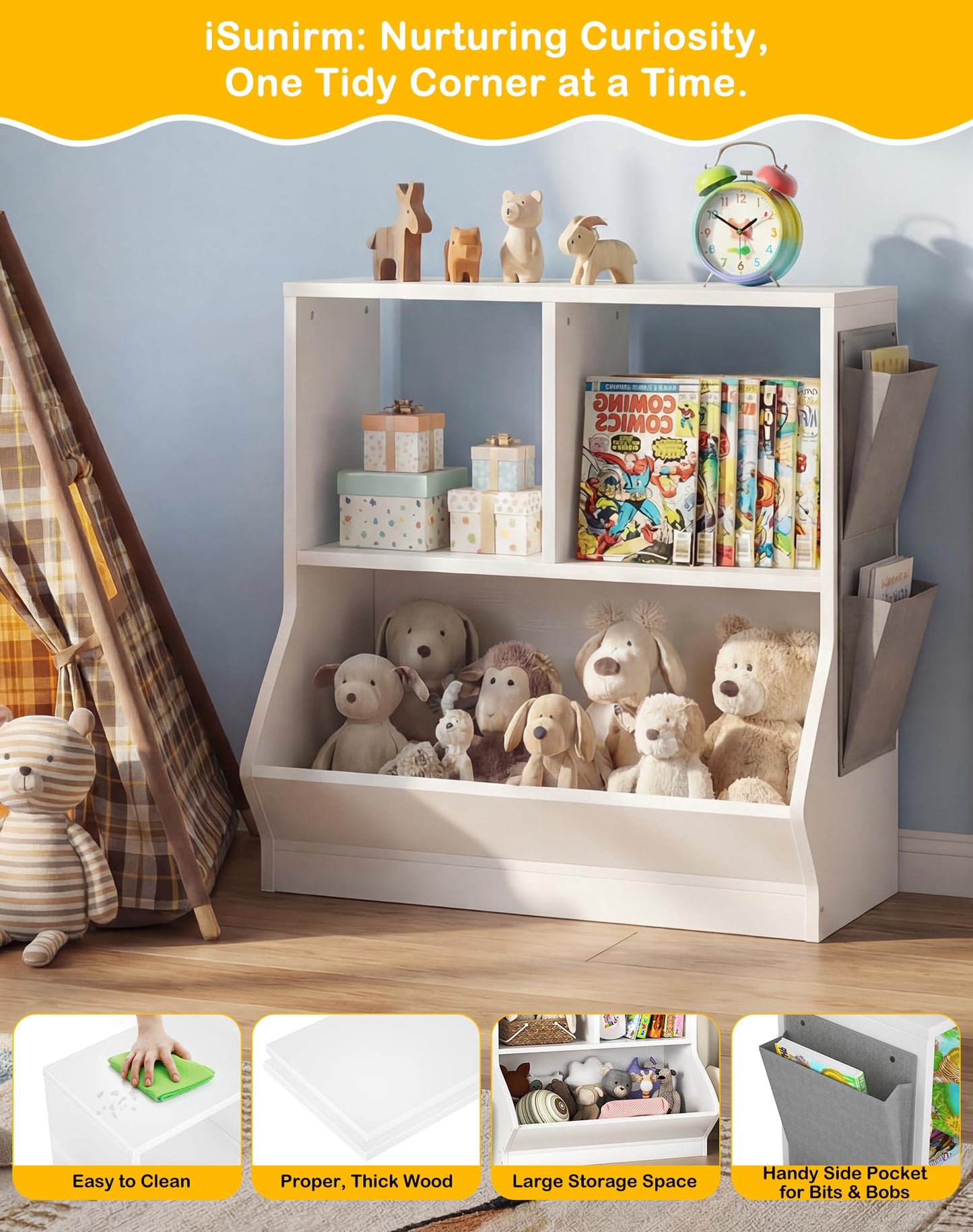 iSunirm Kids Bookshelf with Toy Storage, White Wooden Children's Bookcase and Toy Organiser for Kids Room, Nursery and Playroom
