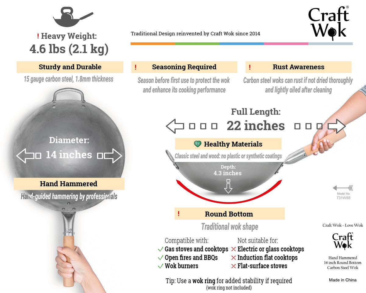 Craft Wok Traditional Hand Hammered Carbon Steel Pow Wok with Wooden and Steel Helper Handle (14 Inch, Round Bottom)/731W88