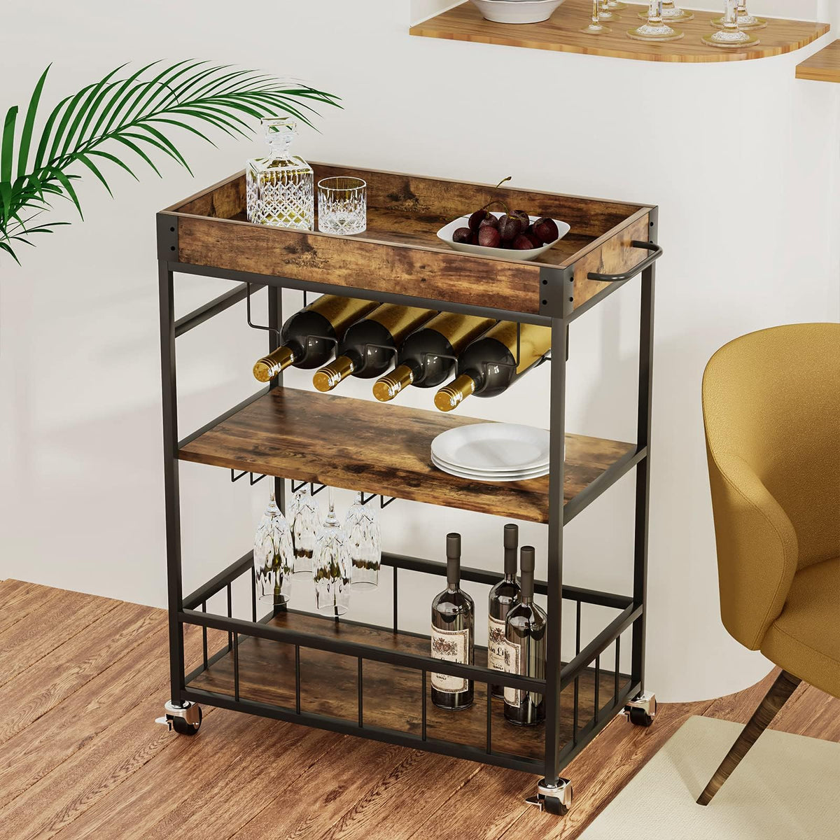 Huhote Serving Trolley, Kitchen Trolley, Bar Cart with Wheels, Wine Cart with Bottle Holder, 3 Tier Drinks Trolley for Living Room, Dining Room