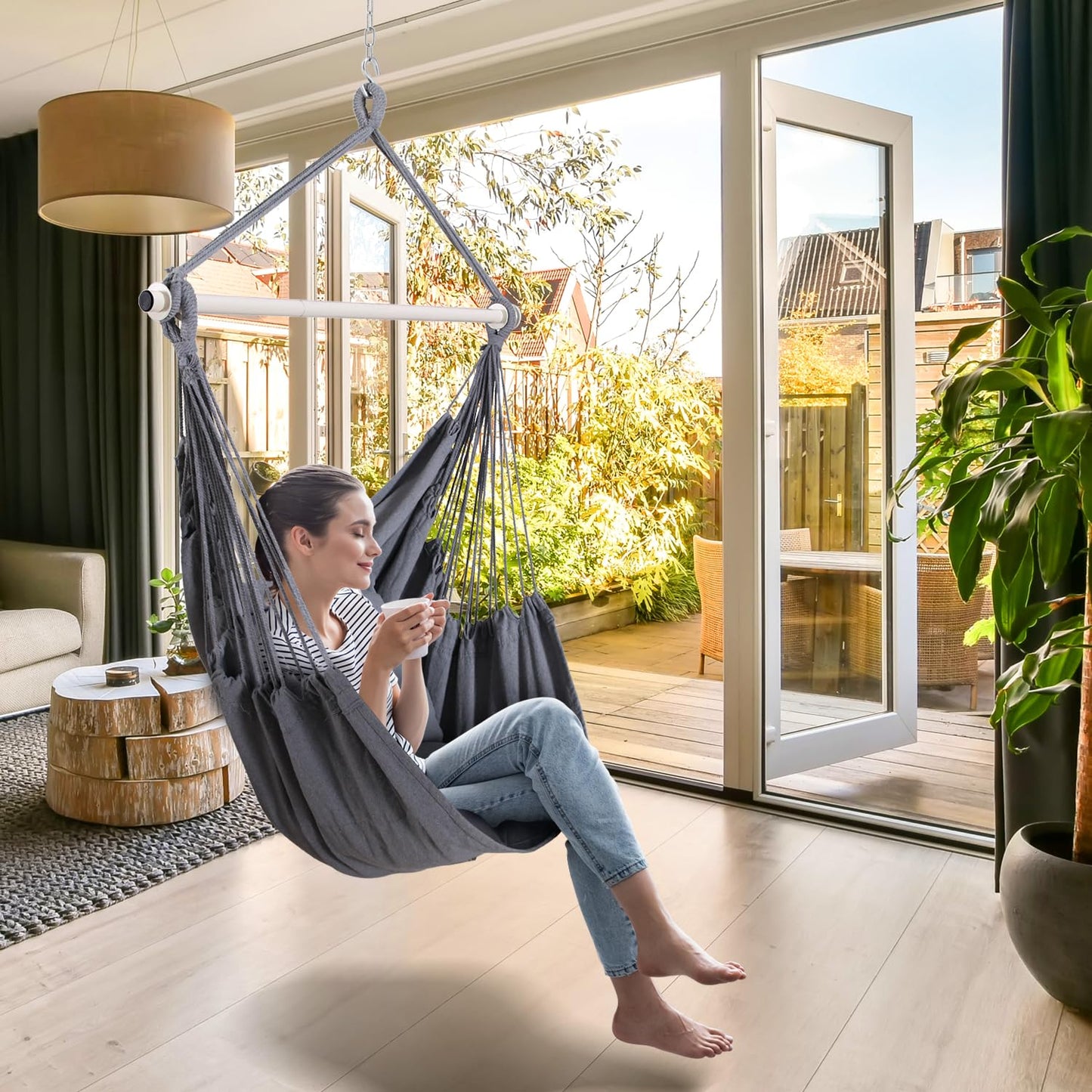 Hanging Chair Cotton Swing Chair with Hardwares, Ohuhu XL Portable Hammock Chair with 2 Cushions Installation Kit Detachable Metal Support Bar Side