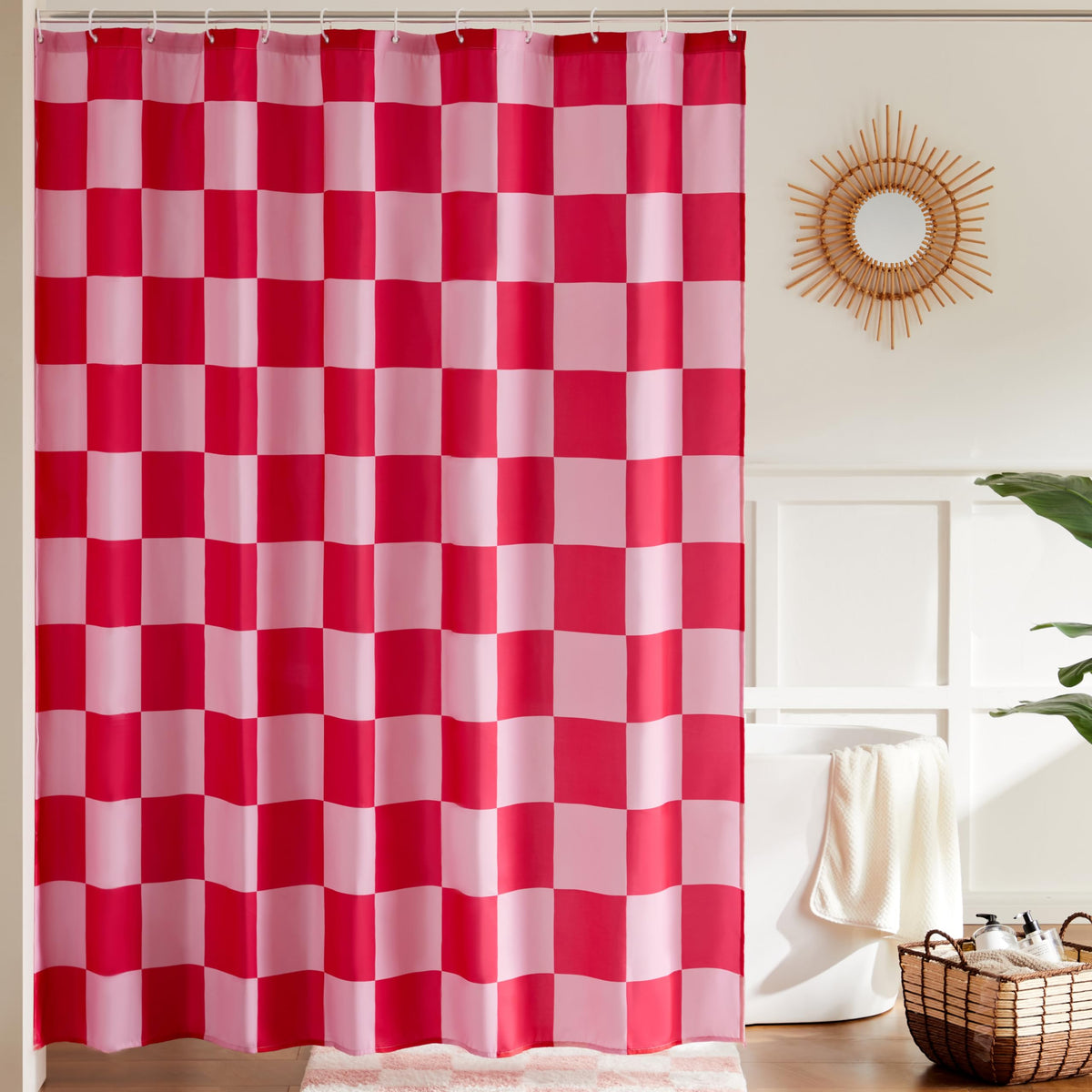 Ohocut Checkered Shower Curtain, Double Pink Plaid Shower Curtains for Bathroom, Cute Retro Checkerboard Shower Curtain Vintage Aesthetic, Machine