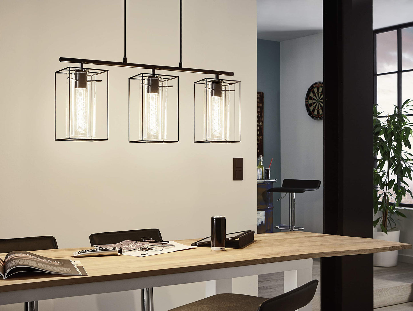 Eglo Loncino Pendant lamp, 3-Flame Vintage Pendant lamp, Hanging lamp Made of Steel, Colour: Black, Glass: Tinted Glass, Socket: E27, L: 74.5 cm/29.3