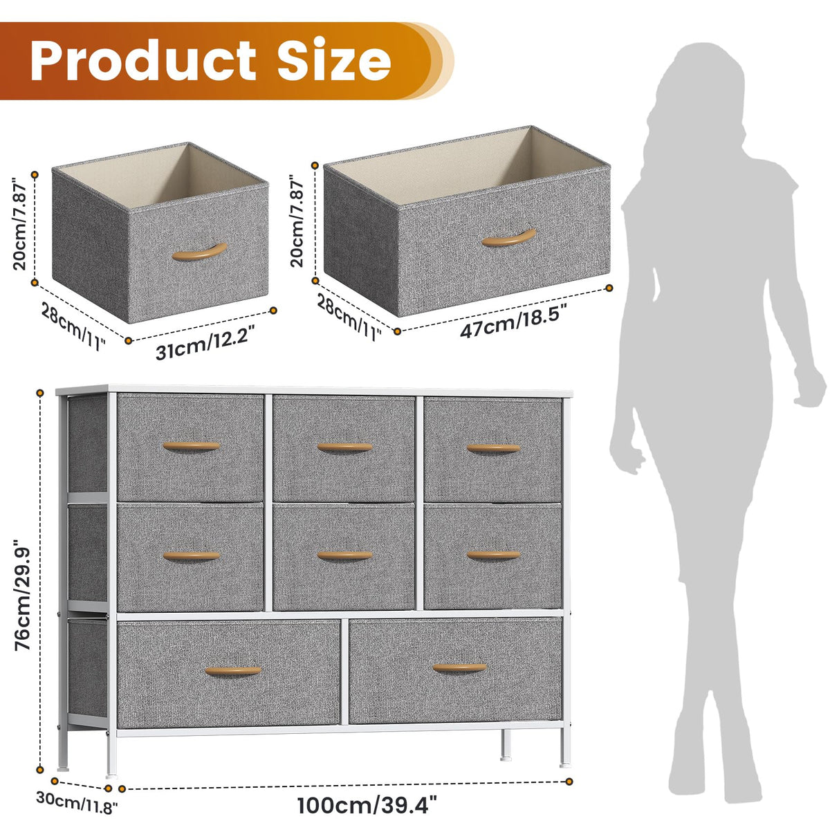 Feonase Chest of Drawers, Bedroom Dresser with 8 Fabric Drawers, Metal Frame & MDF Wood Top, Adjustable Feet, Storage Organizer Unit for Bedroom