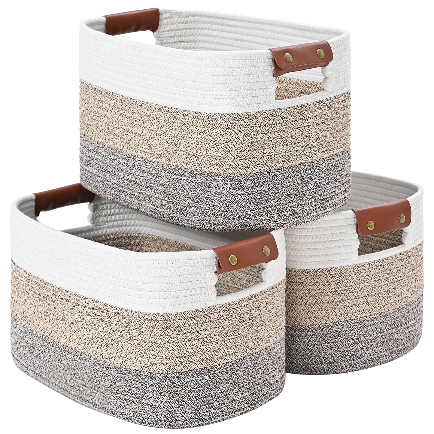 Cotton Rope Storage Basket Woven Shelf Storage Bin with Detachable Leather Handles, Decorative Closet Shelf Woven Basket (Gradient Brown 3PACK)