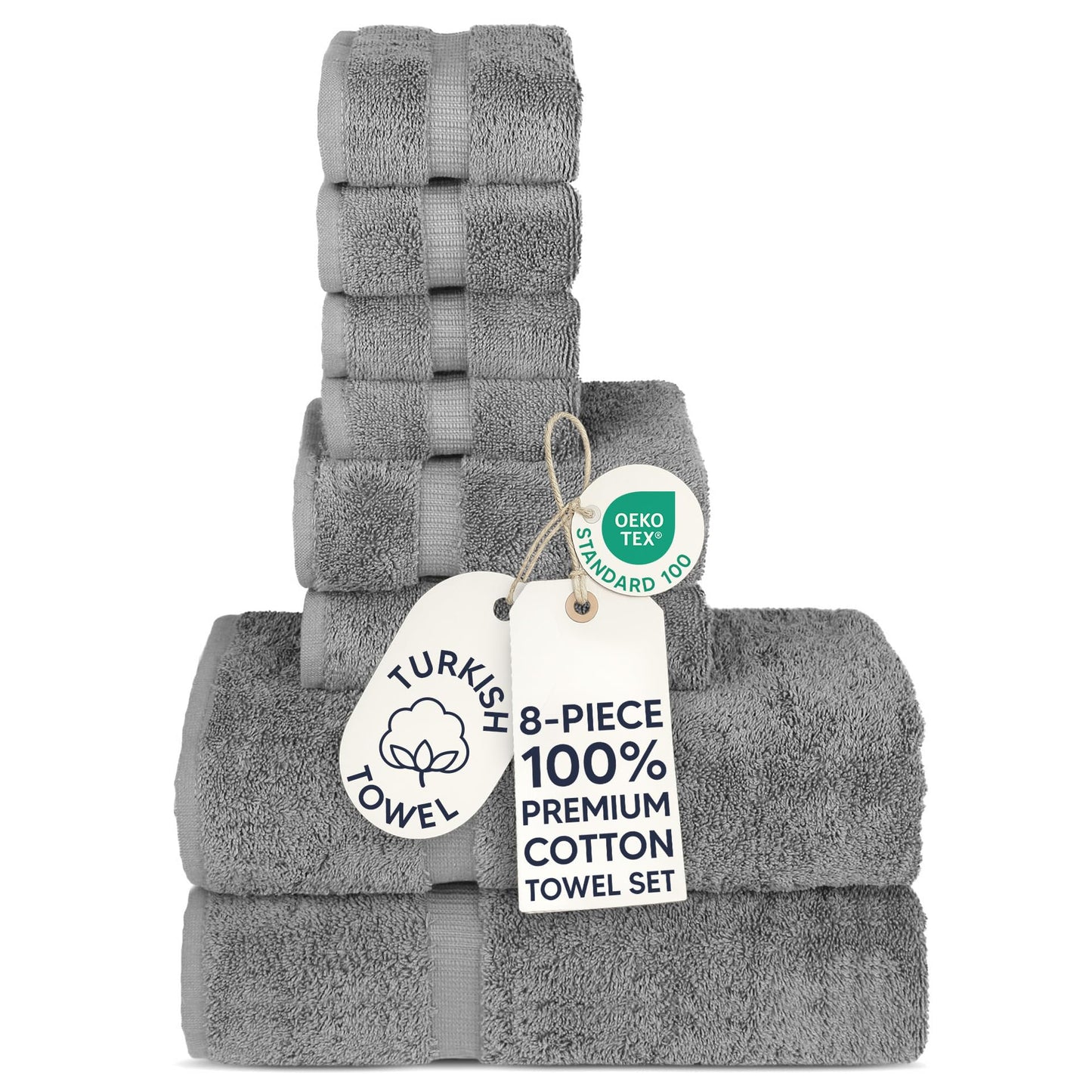 Chakir Turkish Linens | Hotel & Spa Quality 100% Cotton Premium Turkish Towels | Soft & Absorbent (8-Piece Towel Sets, Gray)