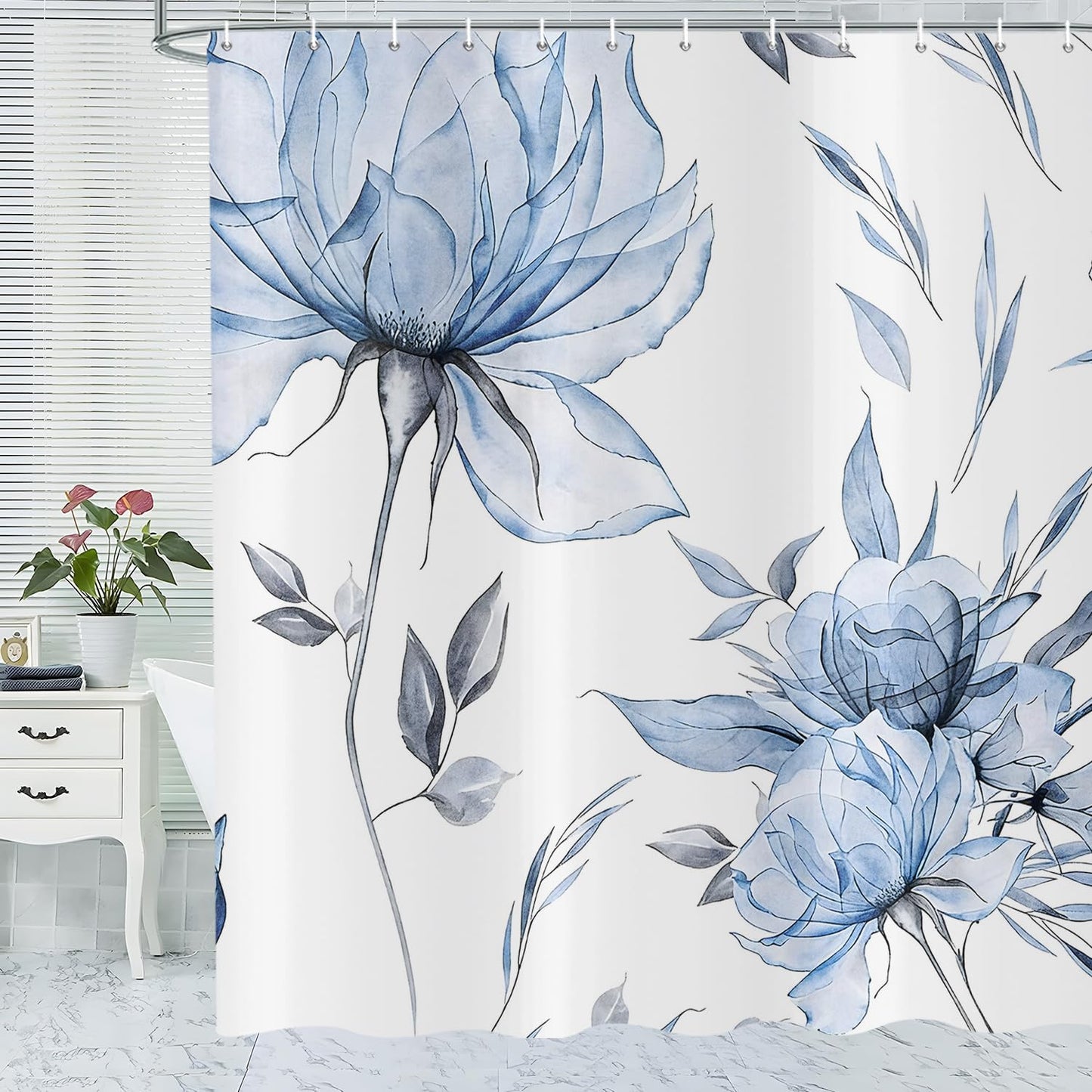 ASDCXZ Watercolor Floral Shower Curtain 180x200 cm, Ink Painting Style Blue Flowers Leaves Spring Plants Waterproof Bath Curtain Polyester Textile