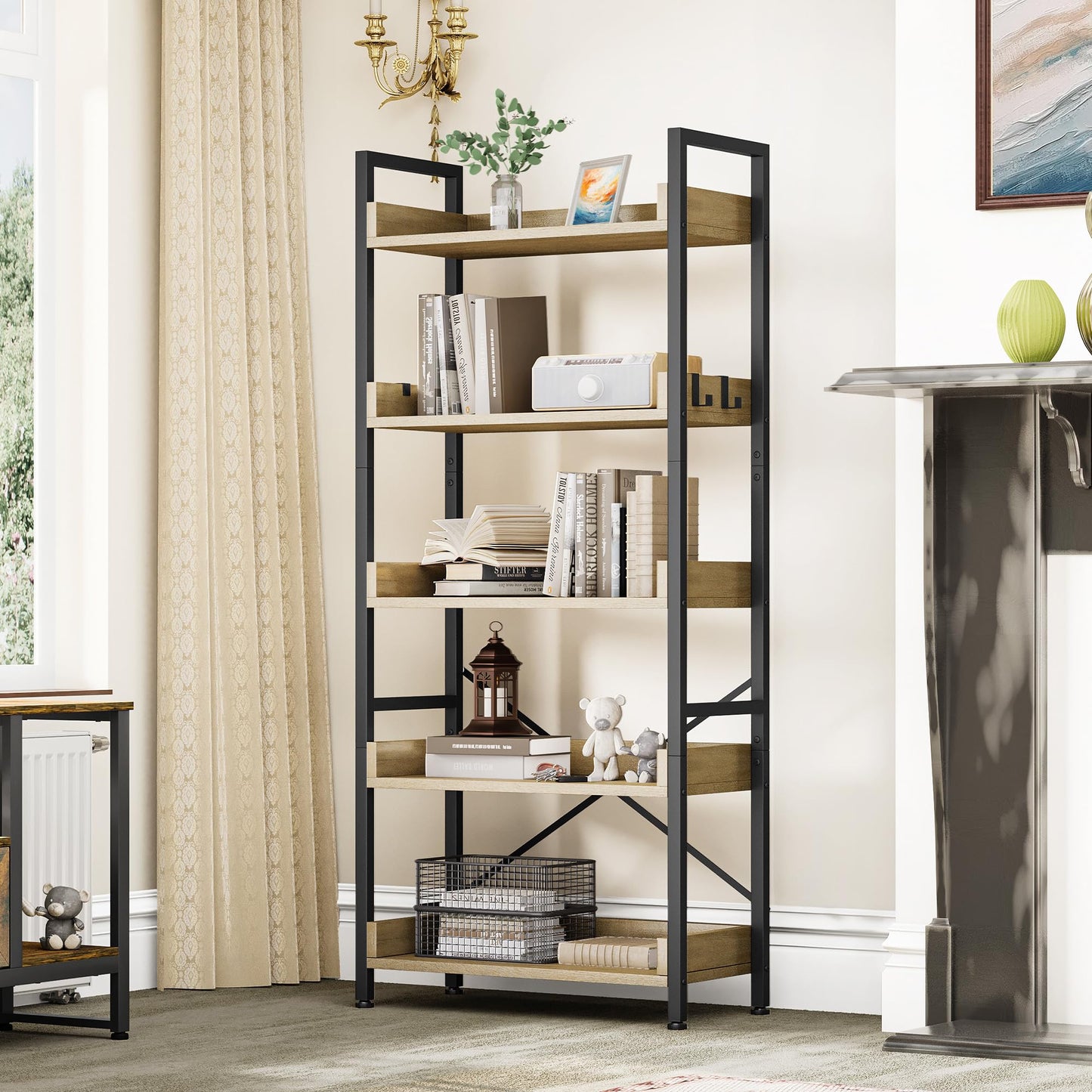 YITAHOME Bookcase 5-Tier, Tall Narrow Bookcase Thin Book Shelf Wooden Shelves Wooden Shelf With Stable Steel Frame