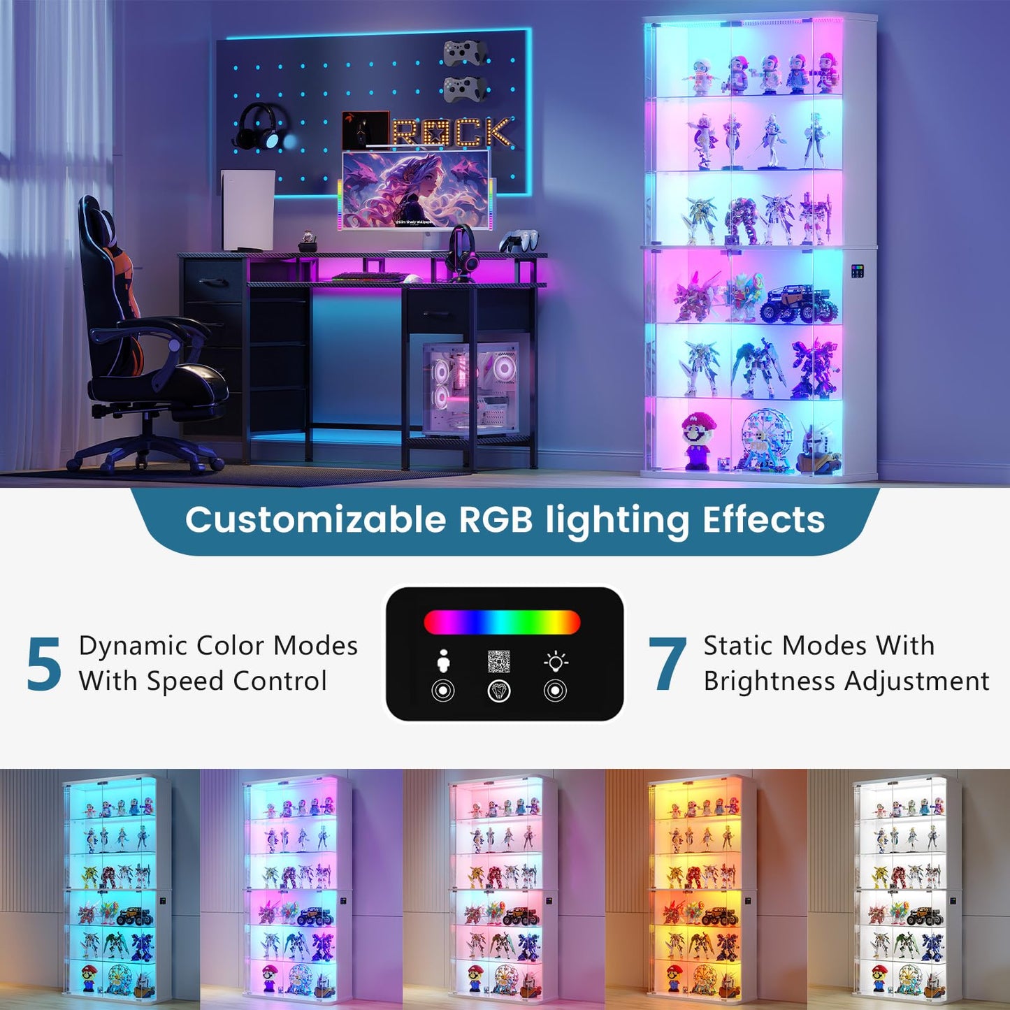FREDEES Display Cabinet with Glass Doors and RGB Light, 6-Tier, White