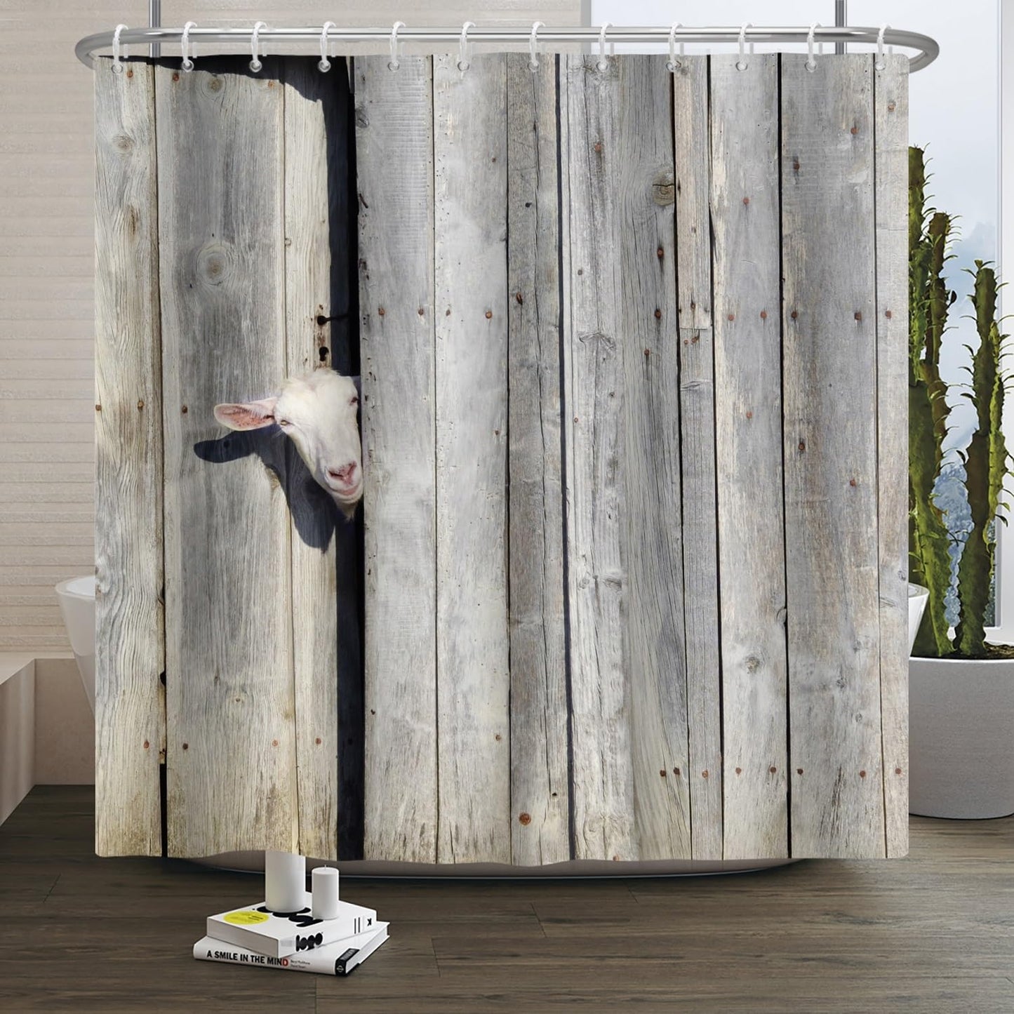 Xiaoterna Rustic Shower Curtain Farm Animal Bathroom Curtain Rustic Wooden Door Cute Sheep in Rustic Wooden Cottage Farmland Waterproof Mildew