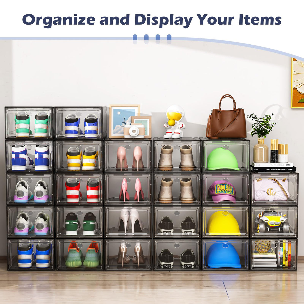TidyTrove Shoe Storage Box, 9 Pcs Shoe Box Clear Plastic Stackable, Sturdy Foldable Shoe Organizer Containers with Magnetic Door for Women/Men, Black
