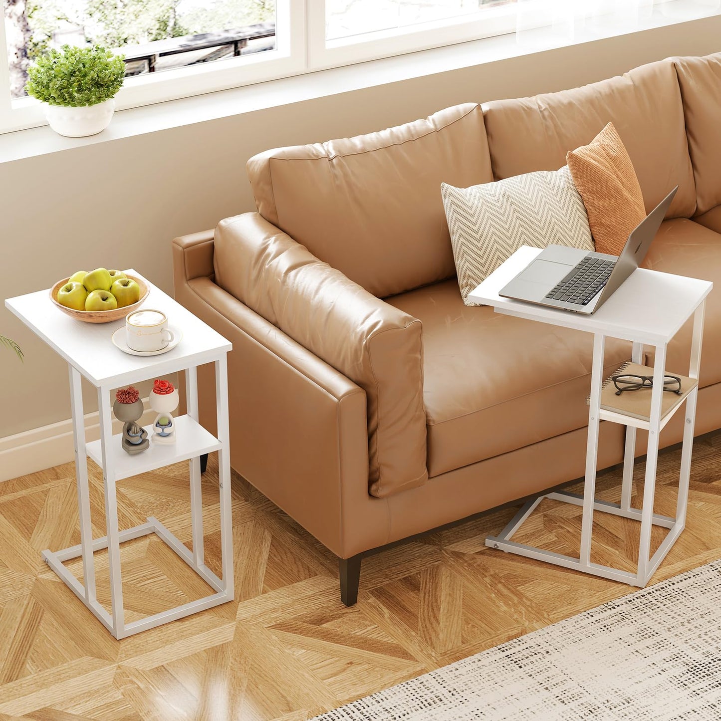 Yusong C Shaped End Table, Side Tables Slide Under Sofa Couch Bed, Small TV Tray Bedside Table for Small Spaces, Living Room, Bedroom, White
