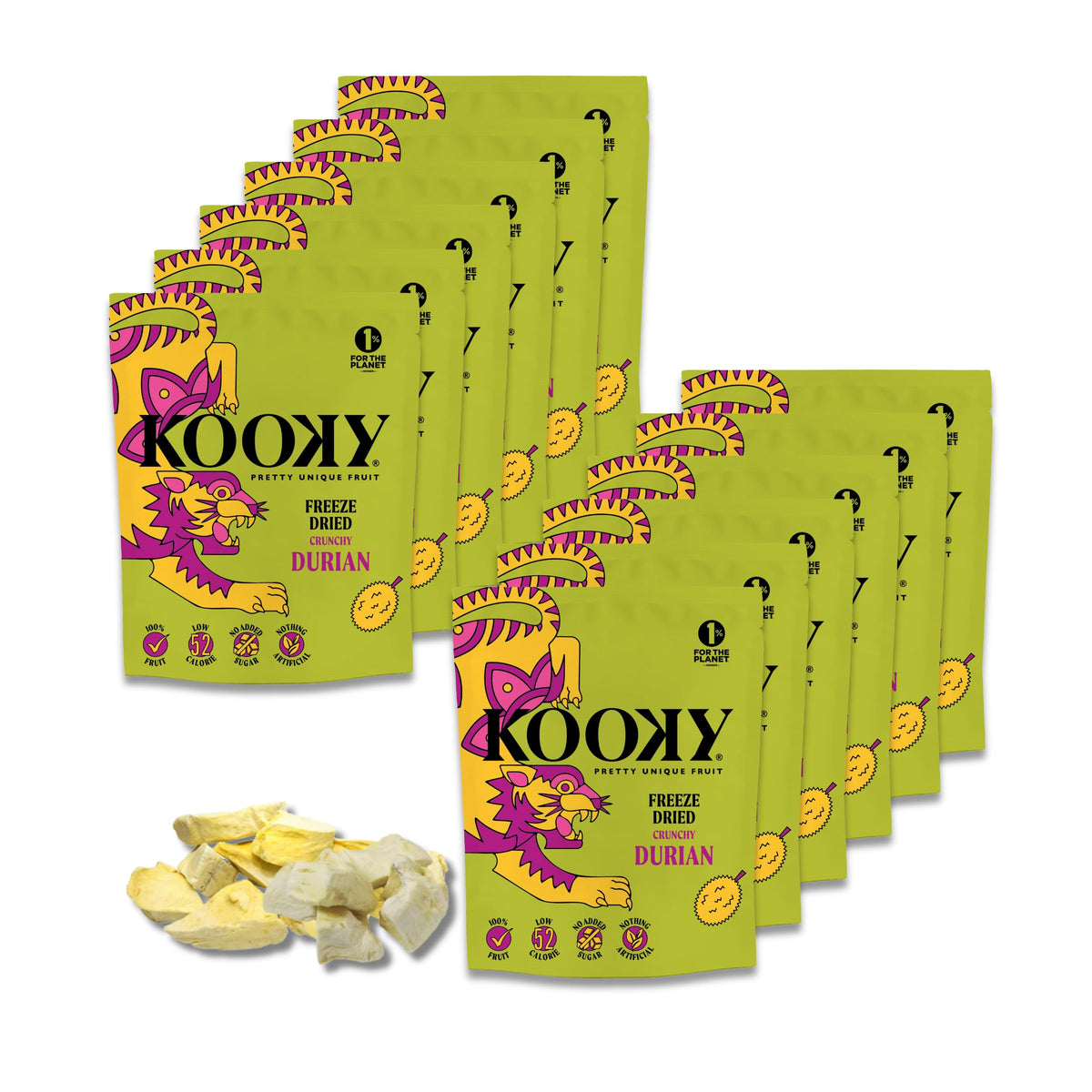 Kooky Freeze Dried Durian 12 Pack | Thai Monthong Durian | Healthy Snacks for Adults & Kids | Sugar-Free | 12g Pouch | Snack Box | B Corp